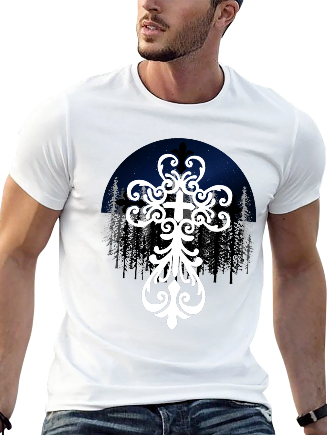 Ornate Cross Graphic Tee - Night Sky Design
