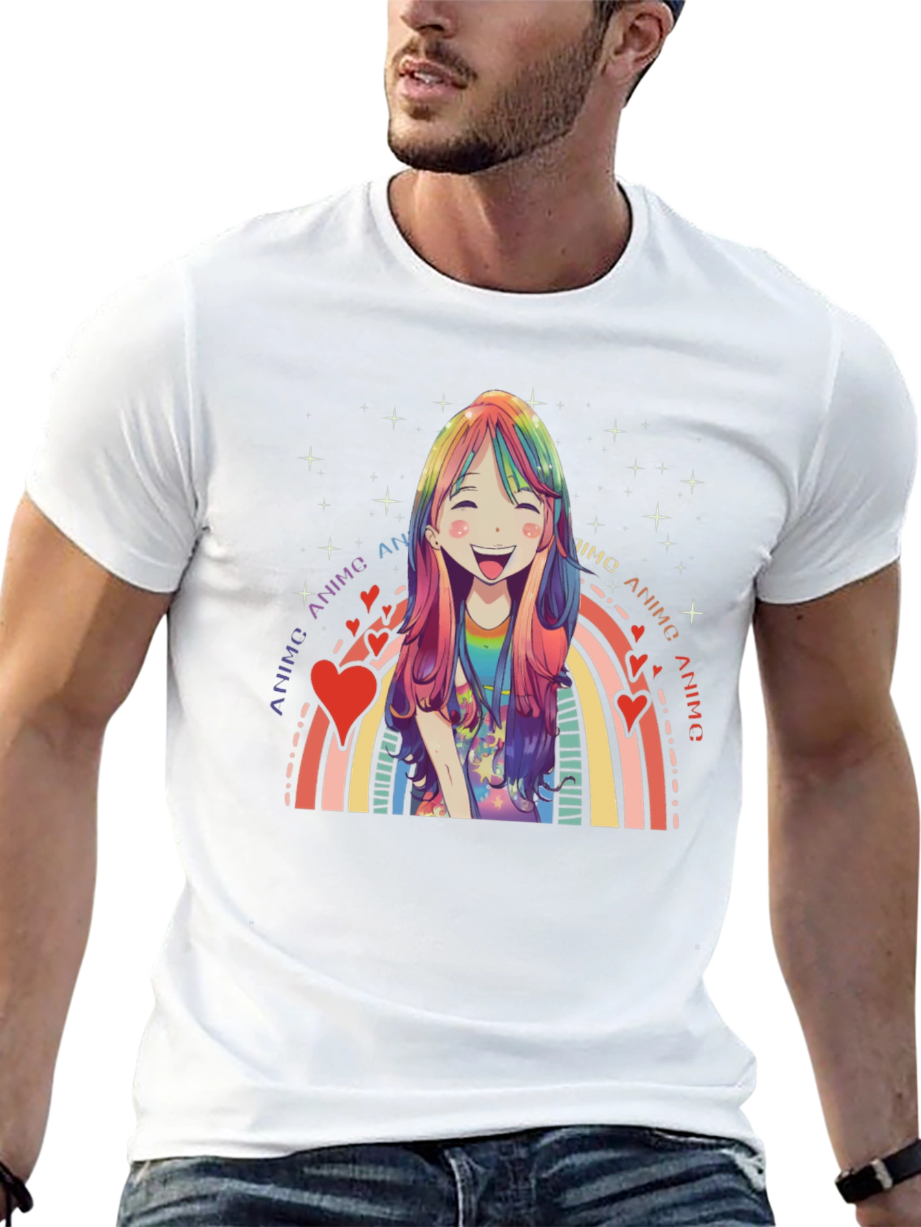 Anime Rainbow Heart Graphic Black T-Shirt