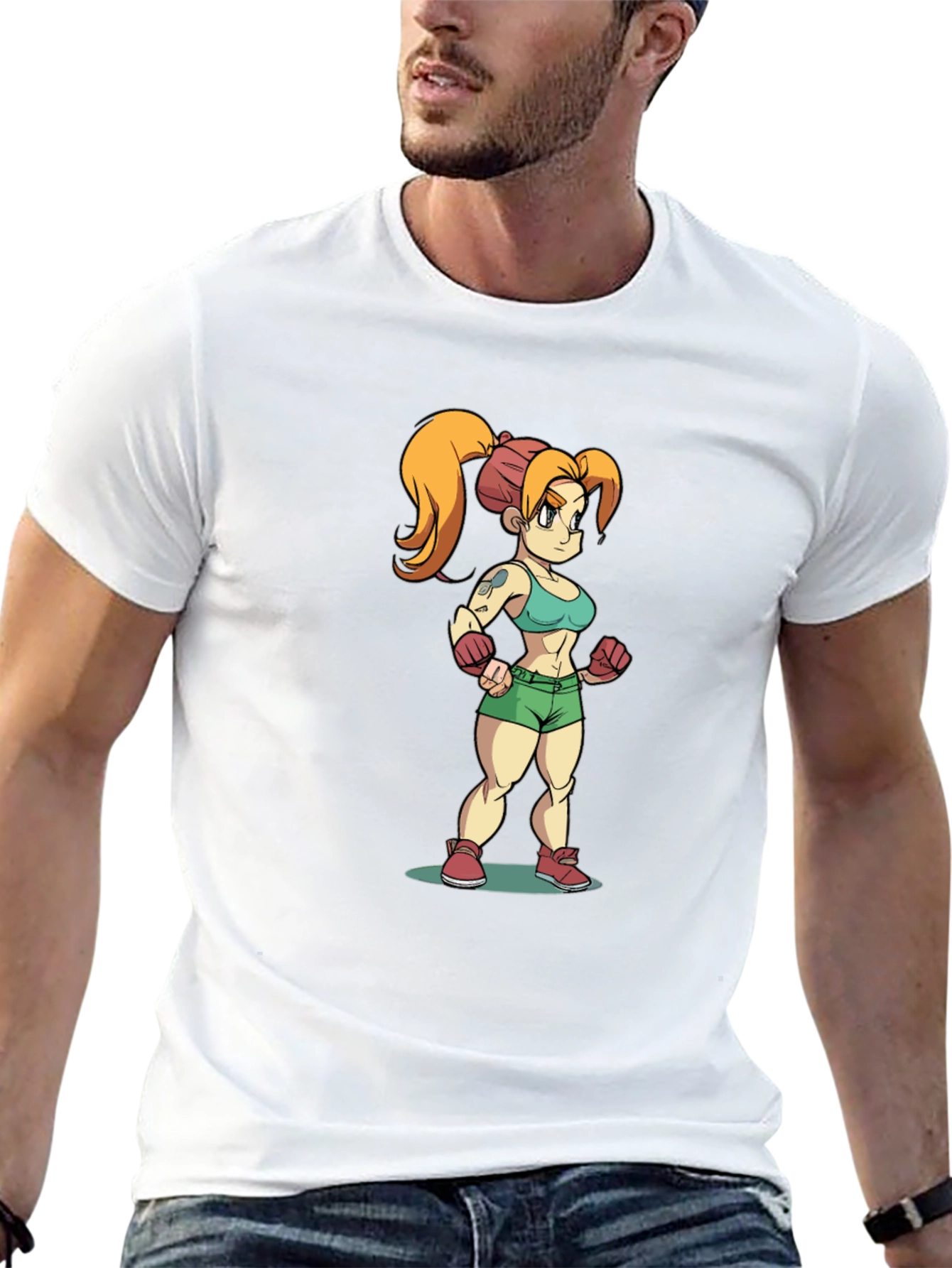 Cartoon Fighter Girl Black T-Shirt