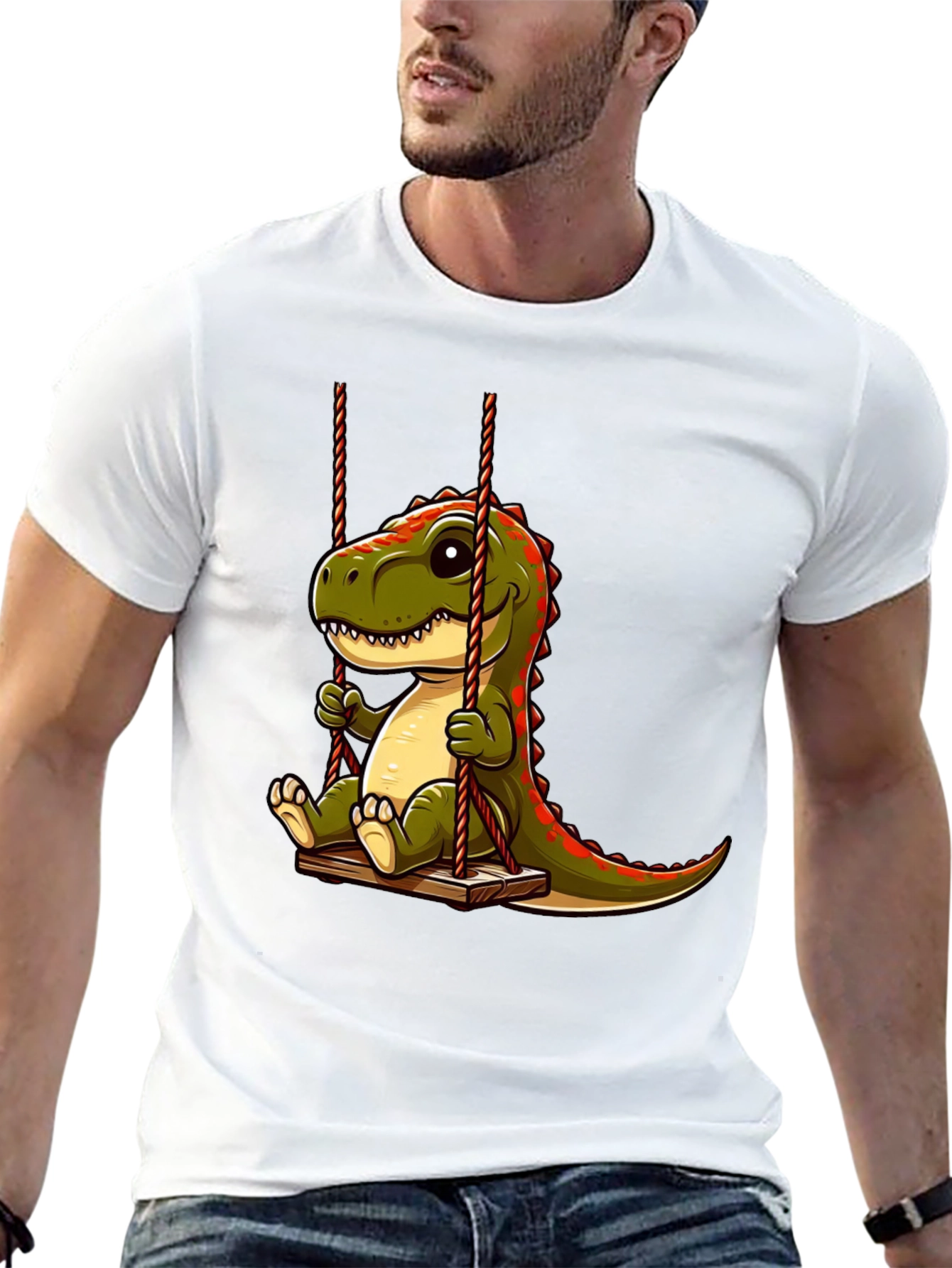 Cartoon Dinosaur On Swing Graphic T-Shirt