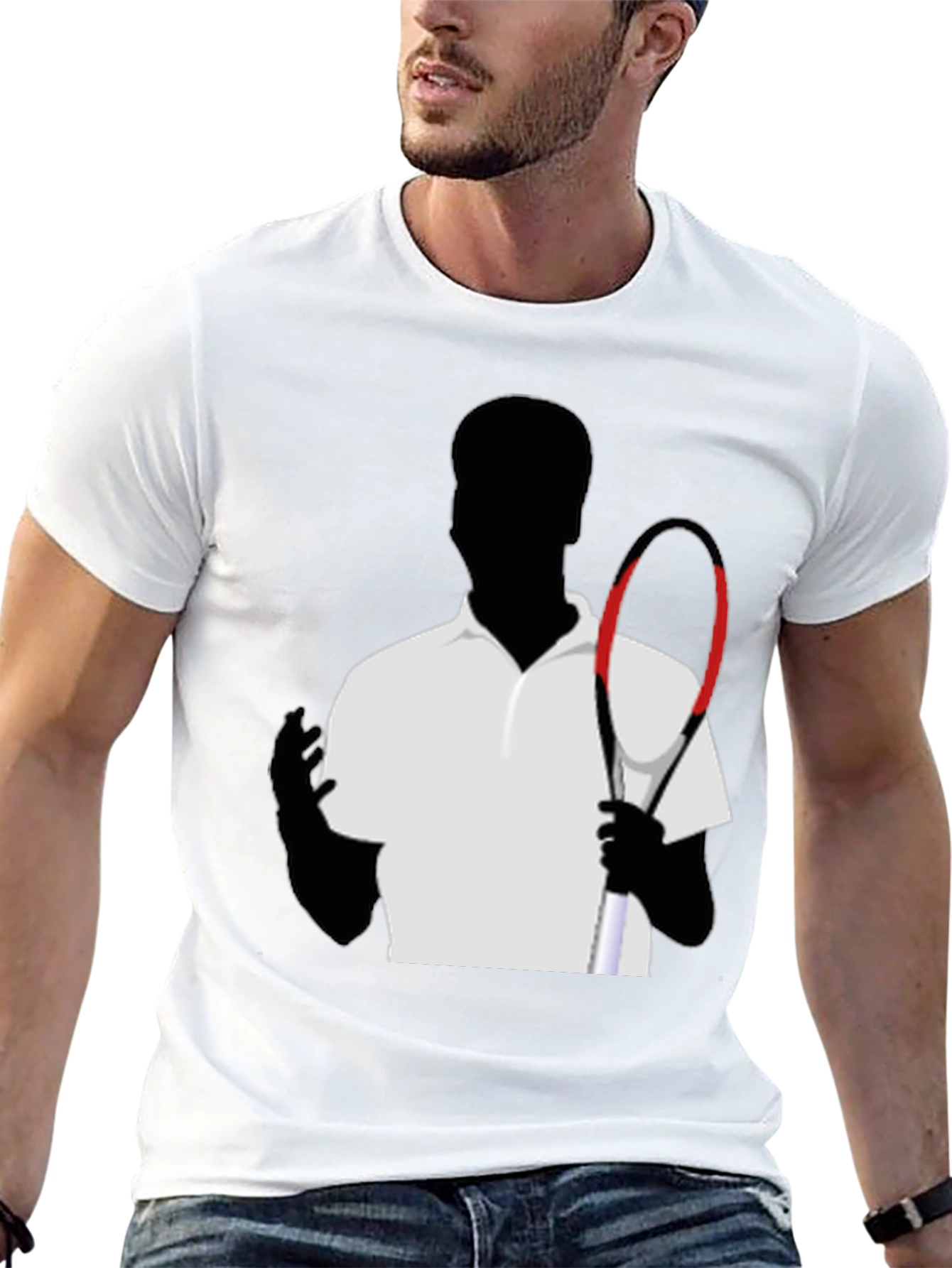 Tennis Player Silhouette Graphic Tee - Black Cotton Shirt