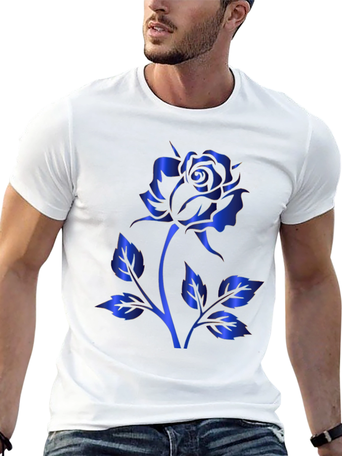 Black T-Shirt with Blue Rose Design