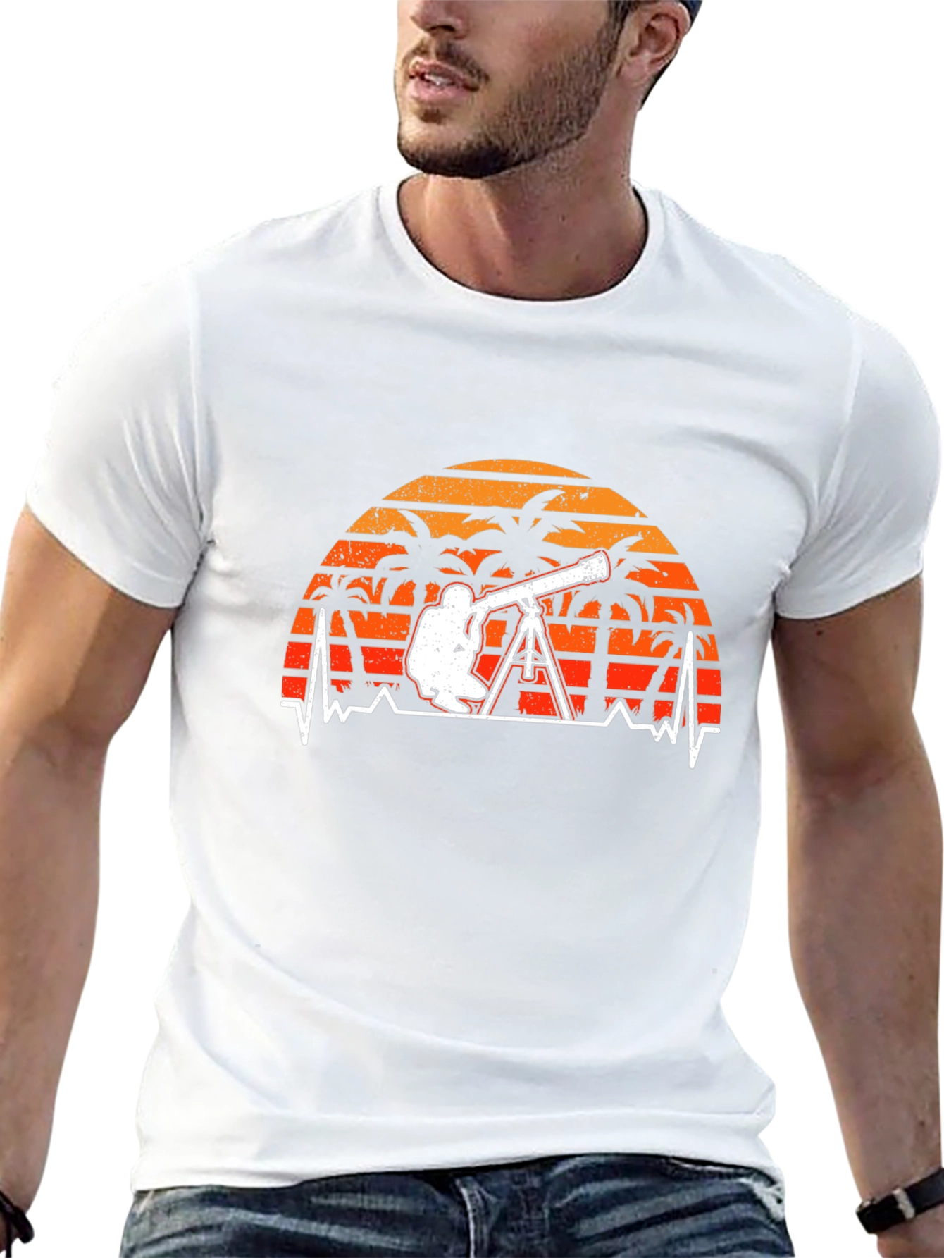 Astronomy T-Shirt: Telescope Heartbeat Sunset Design