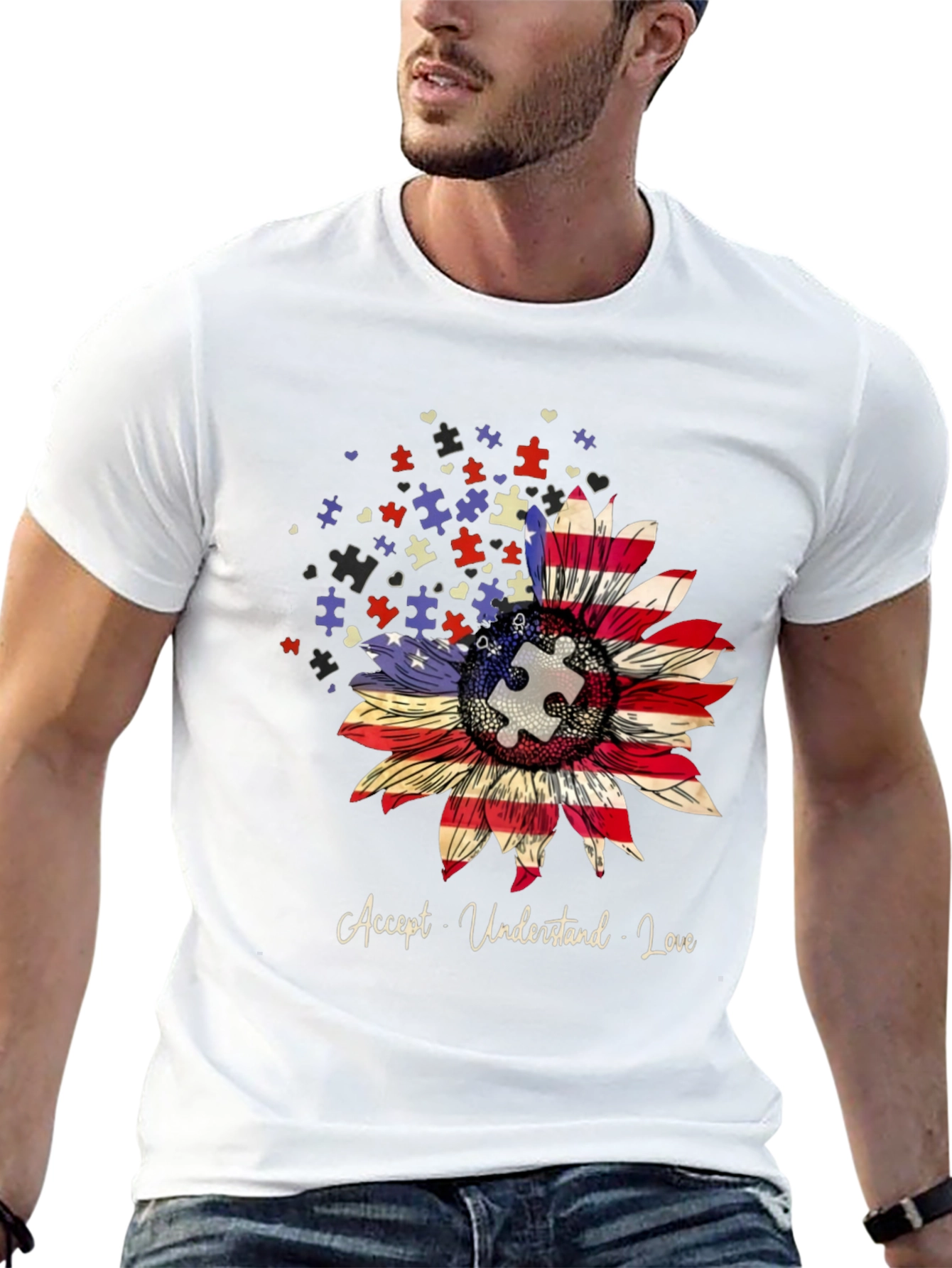 Autism Awareness Sunflower USA Flag T-Shirt