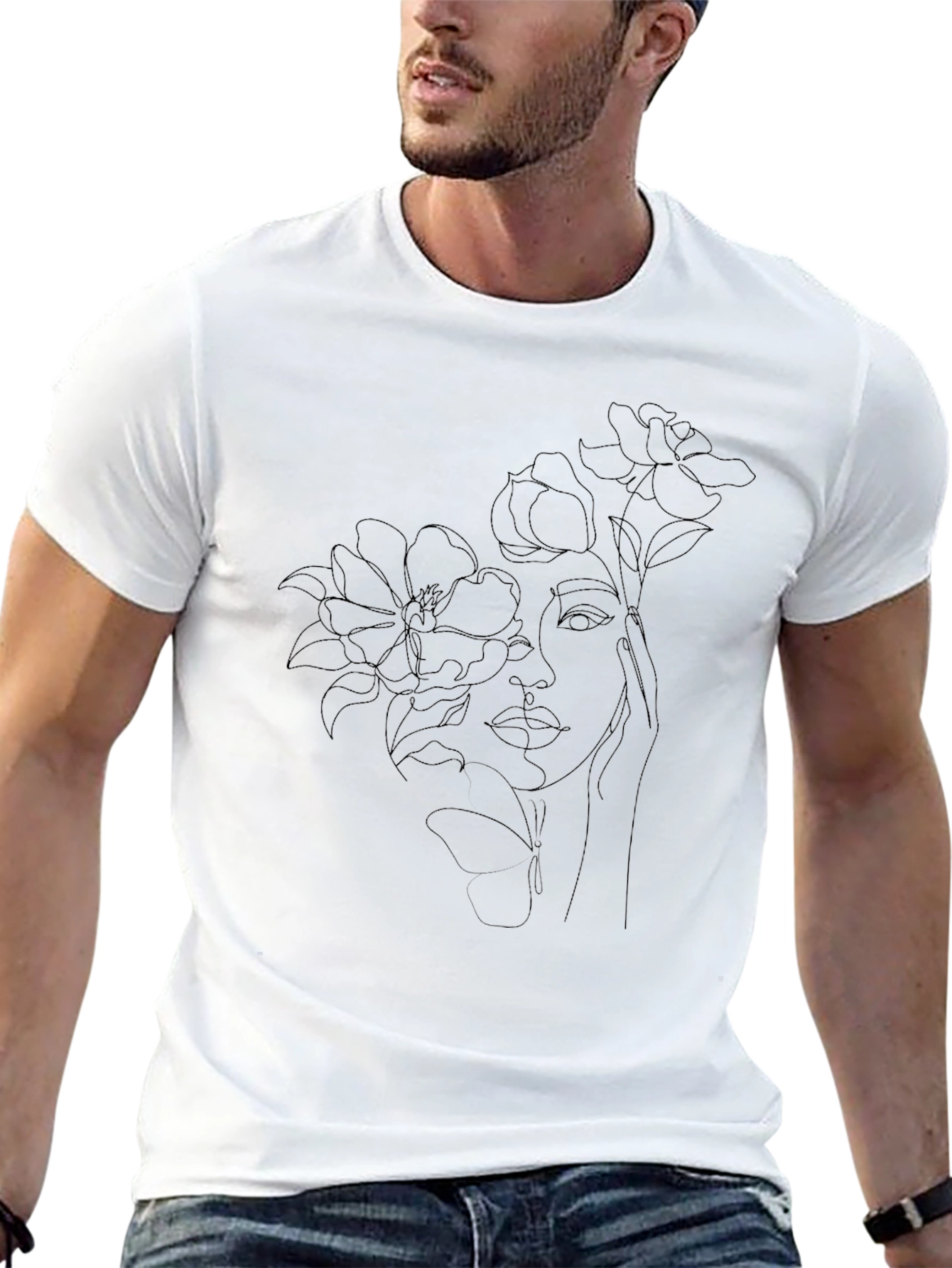 Floral Face Line Art Black T-Shirt