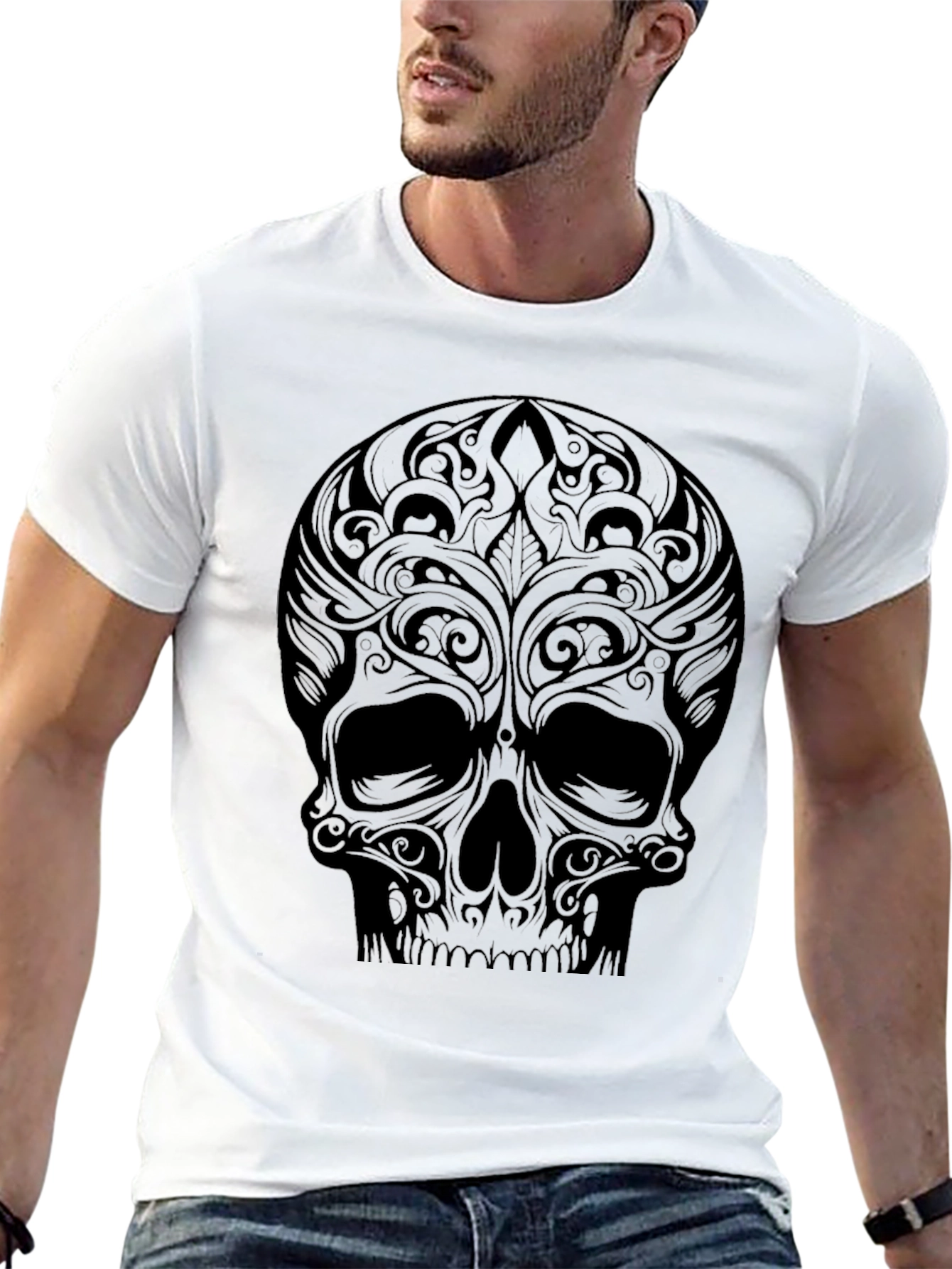Tribal Skull Graphic Tee - Black Cotton Shirt
