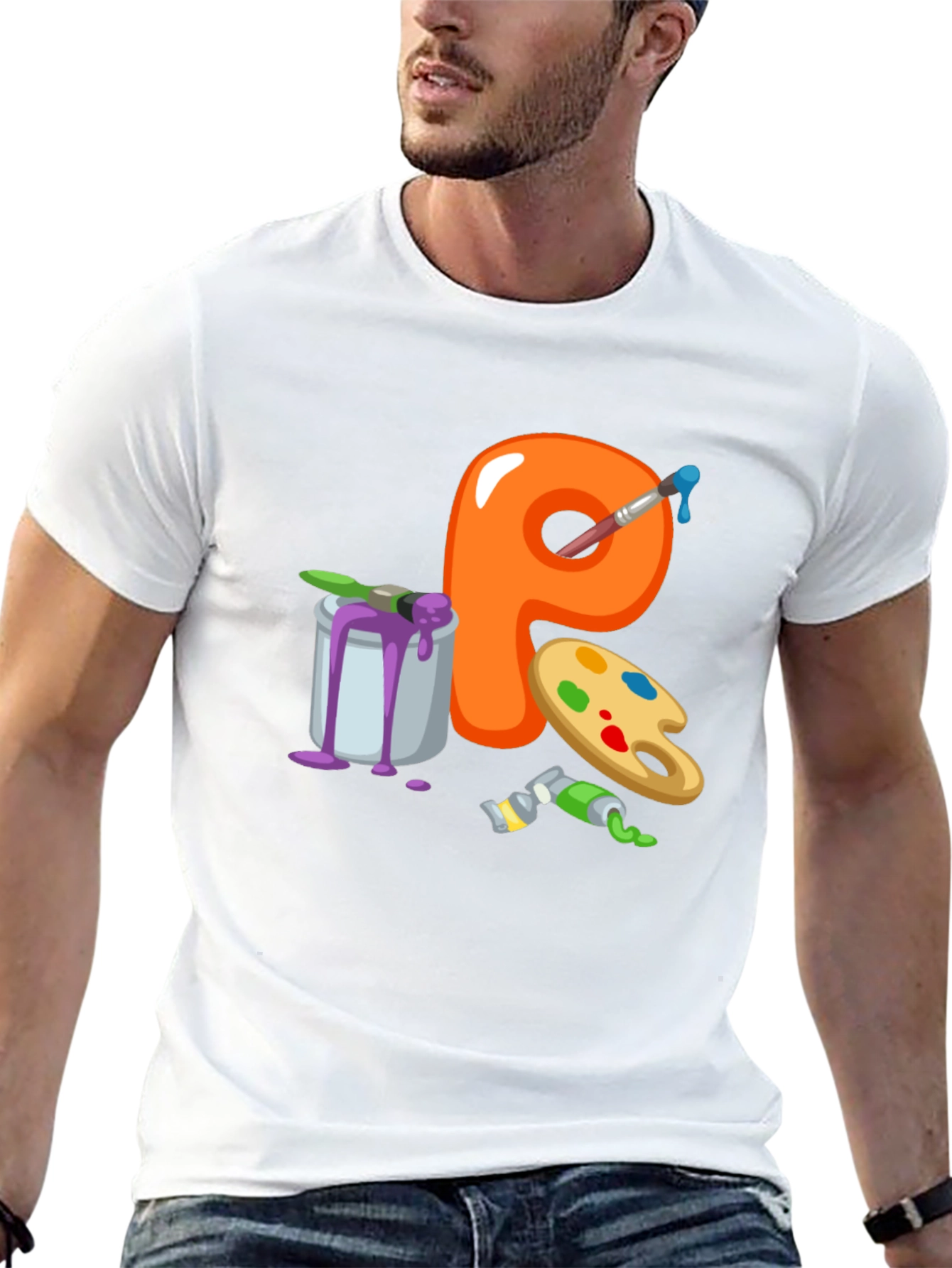 Artistic Letter P T-Shirt - Black Cotton Graphic Tee