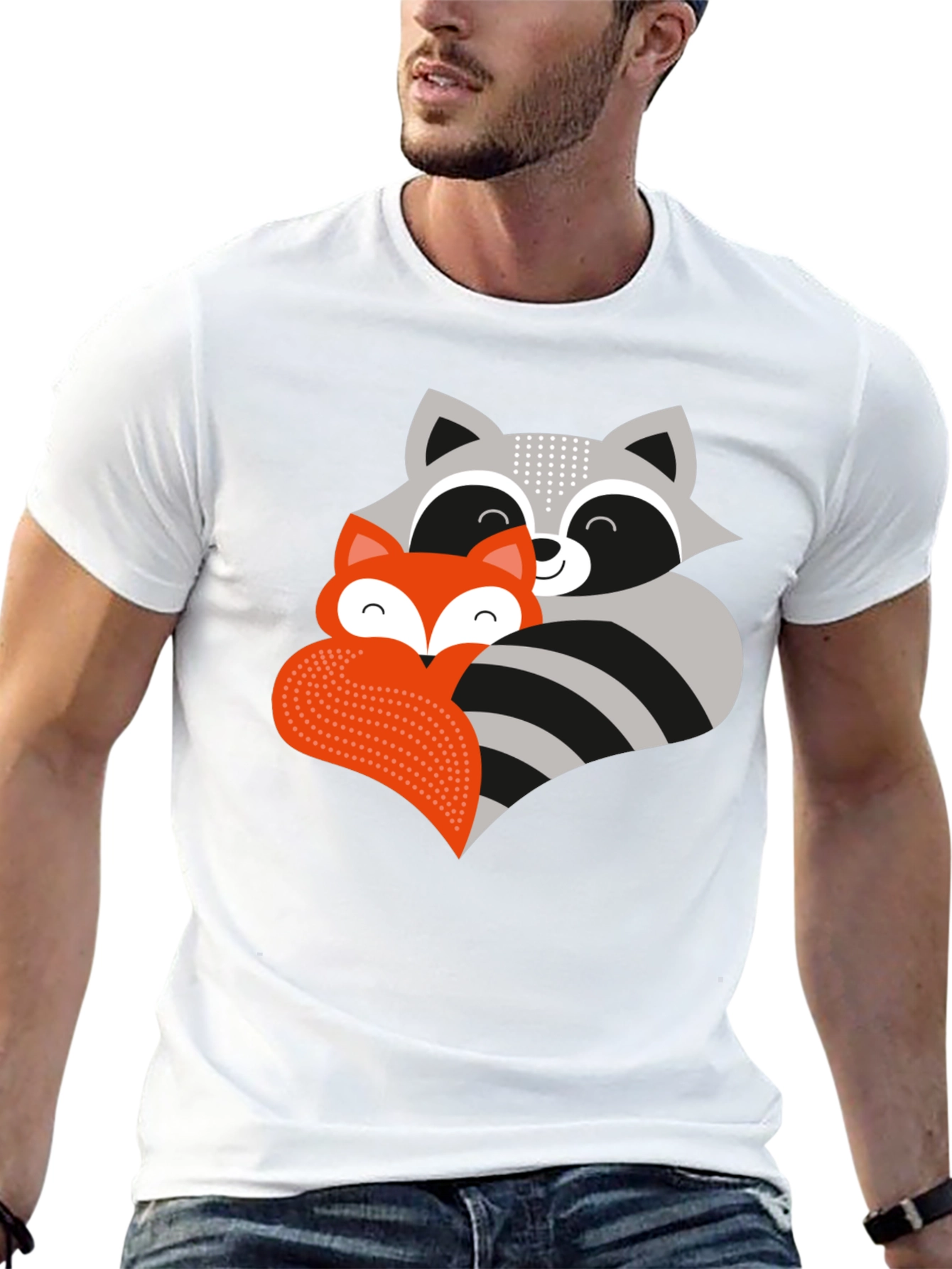 Cute Raccoon & Fox Graphic T-Shirt - Black