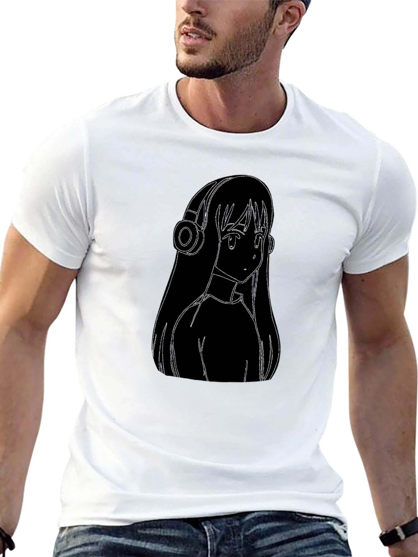 Anime Girl Headphones Graphic Black Tee