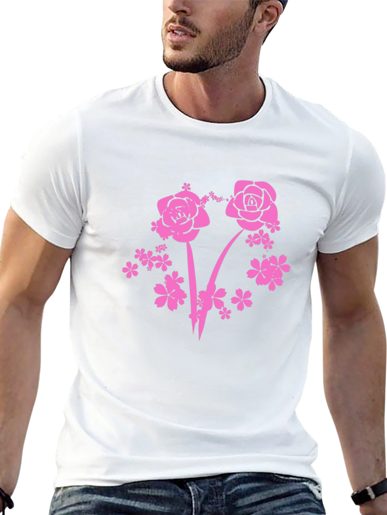 Floral Pink Rose Graphic T-Shirt - Black