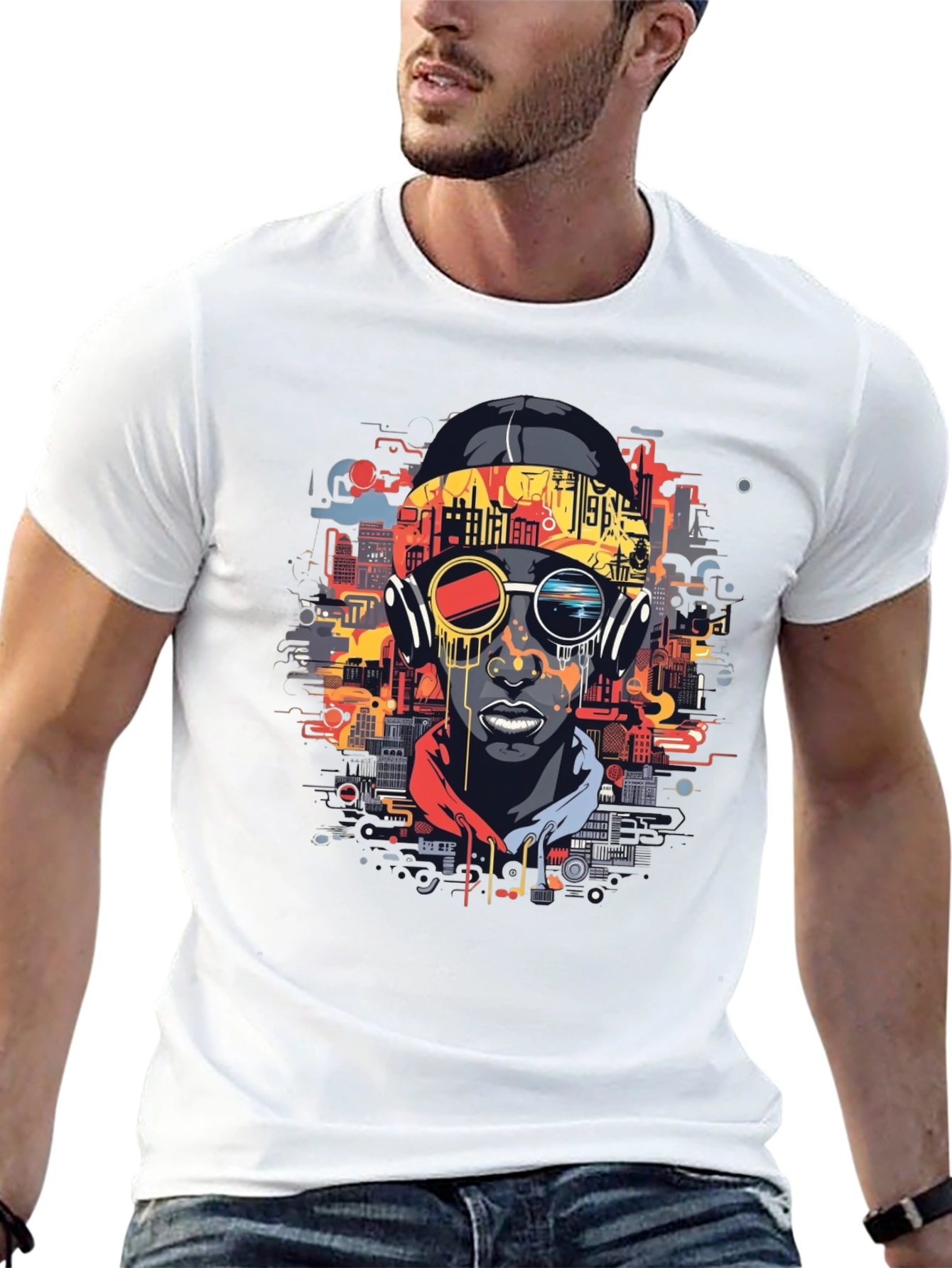 Urban Beat Tee: Futuristic Cityscape Man Graphic T-Shirt