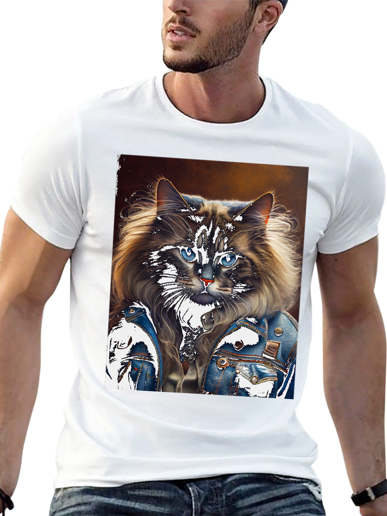 Cat in Denim Jacket Graphic T-Shirt