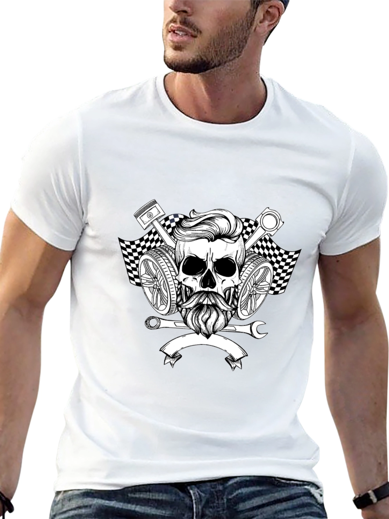 Skull & Pistons Graphic Tee - Mechanic Style