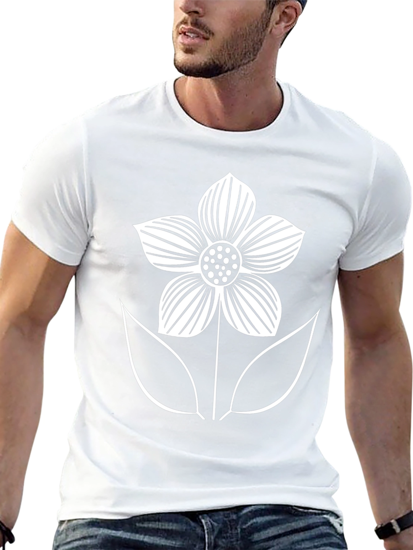 Black T-Shirt with White Flower Graphic