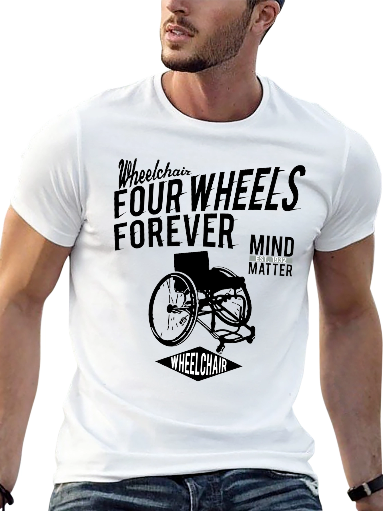Wheelchair Four Wheels Forever Black Graphic T-Shirt