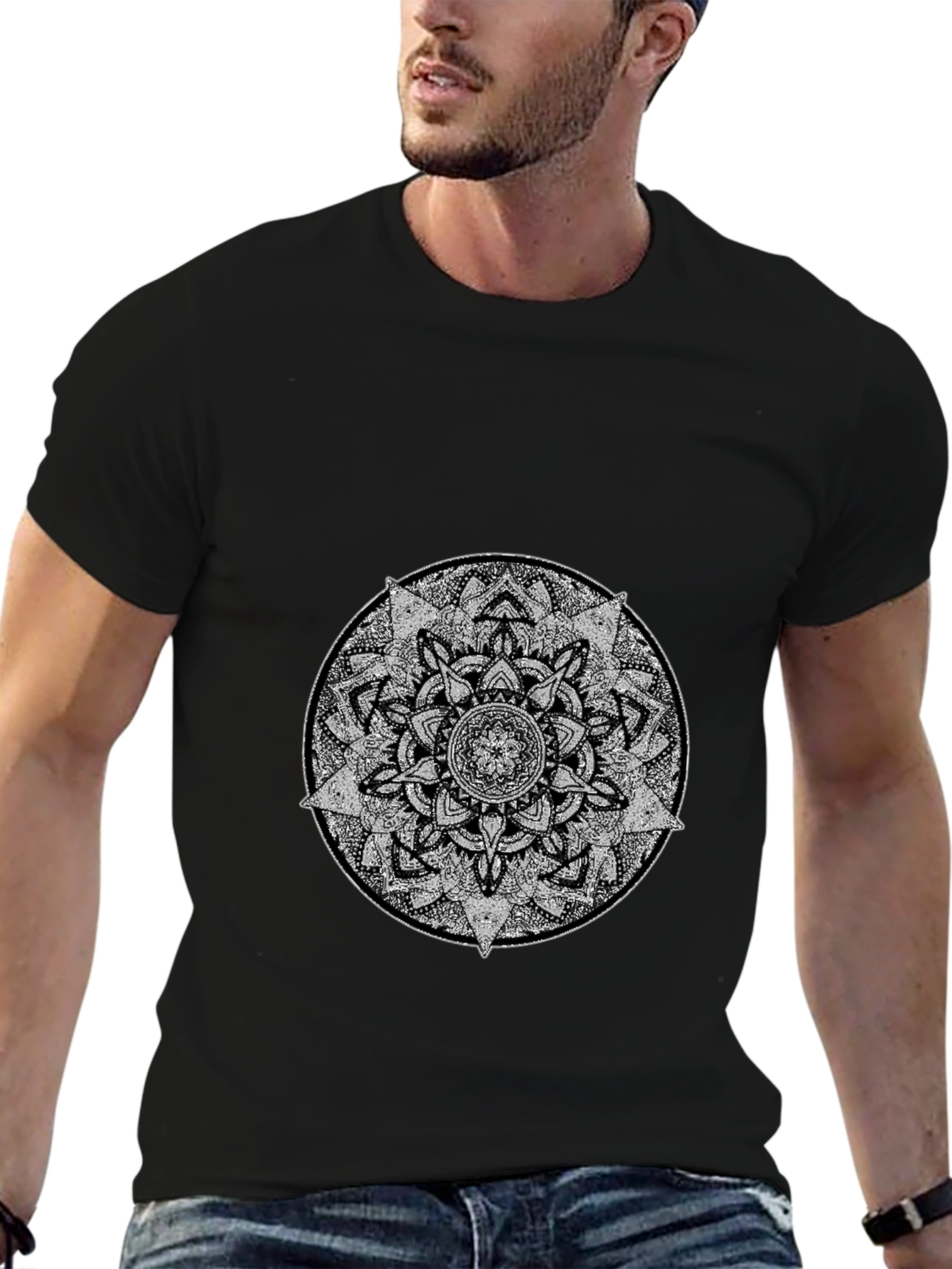 Mens Black T-Shirt with Mandala Graphic