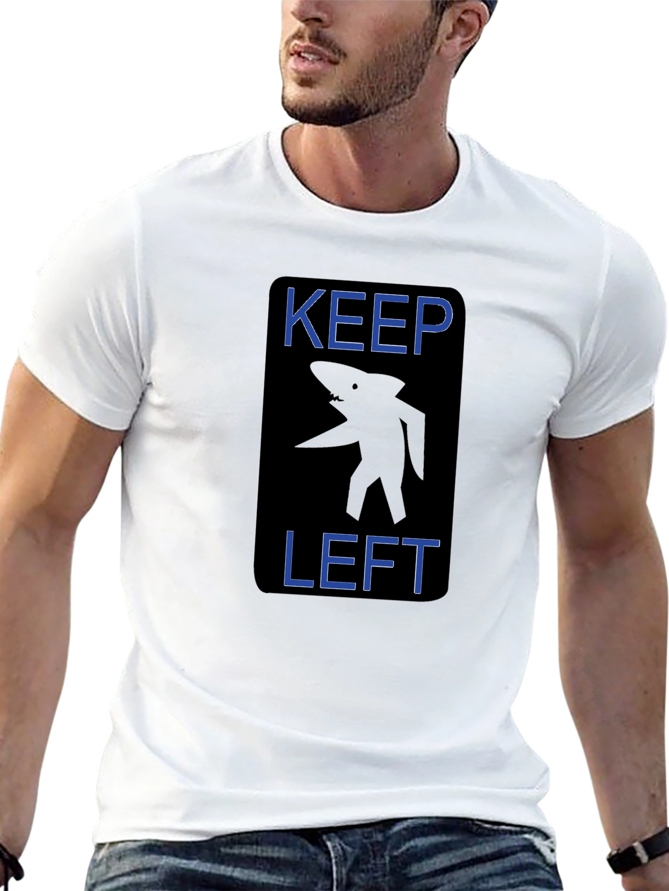 Keep Left Shark Graphic Tee - Black Cotton T-Shirt