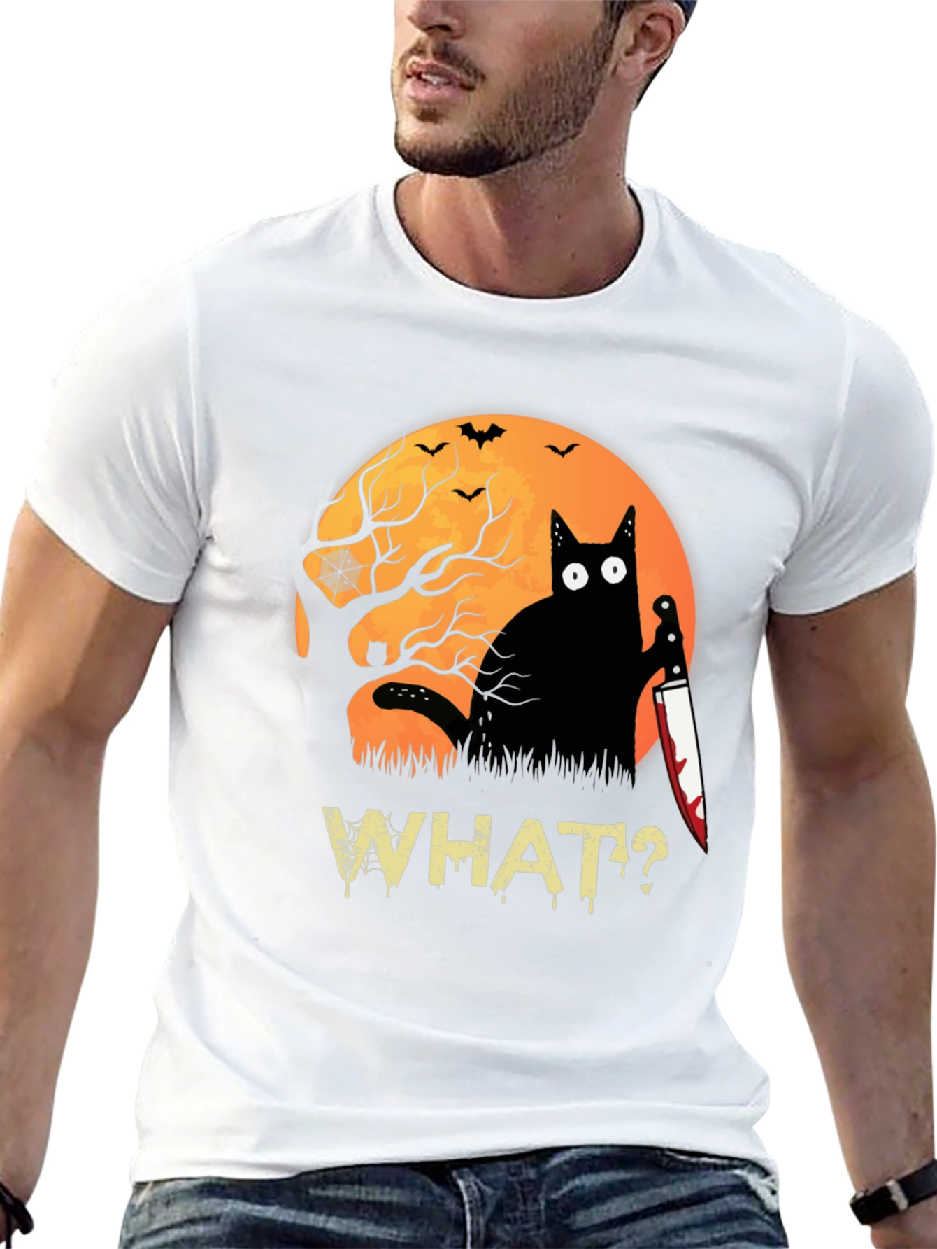 Halloween Black Cat T-Shirt - Funny Cat with Knife