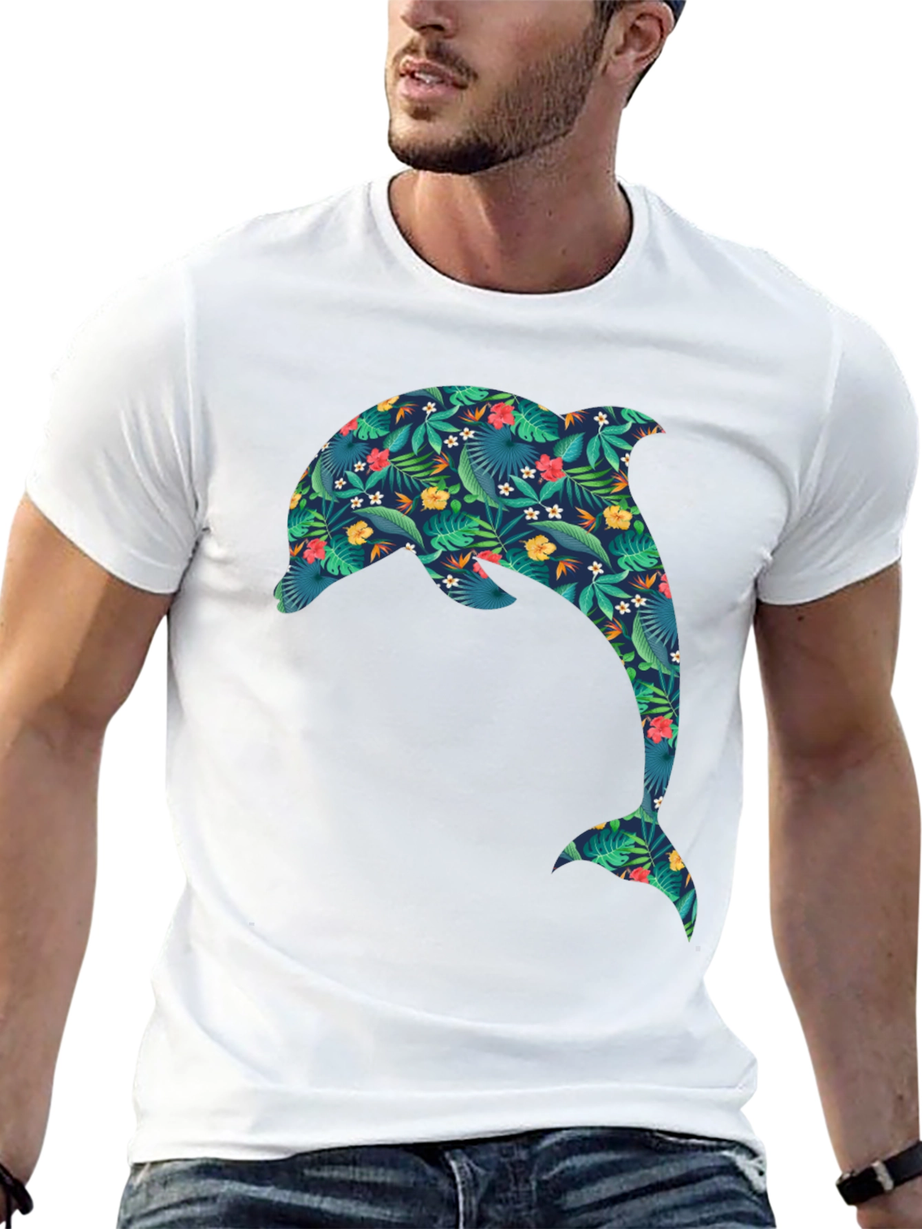 Tropical Dolphin Graphic Black T-Shirt