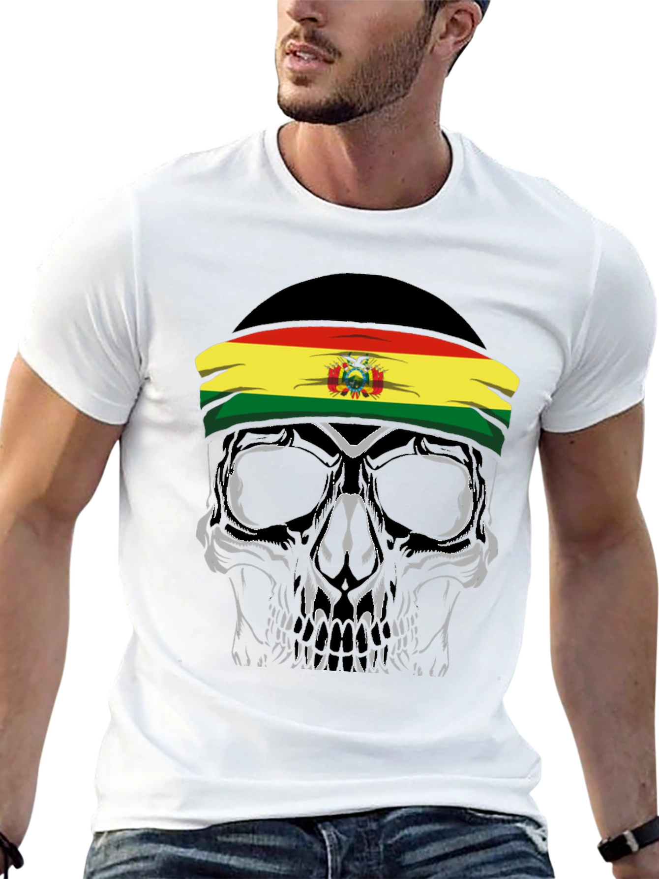 Skull with Bolivian Flag Headband T-Shirt