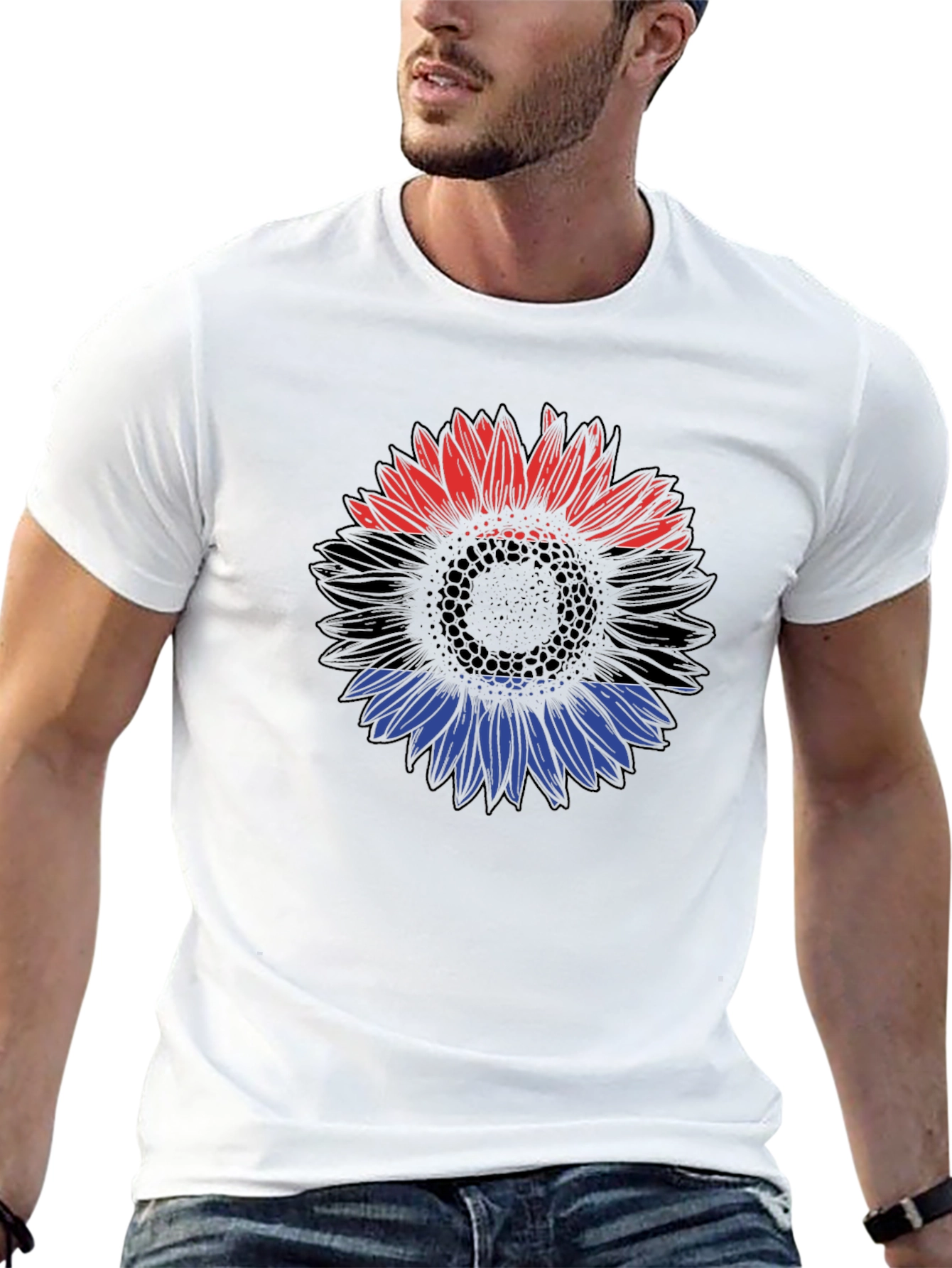 Red Black and Blue Sunflower Graphic T-Shirt