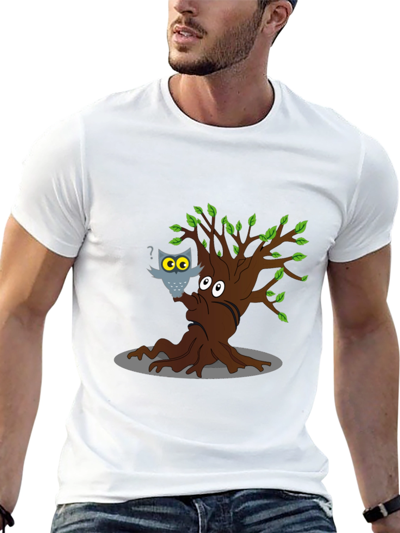 Cartoon Tree & Owl Graphic T-Shirt