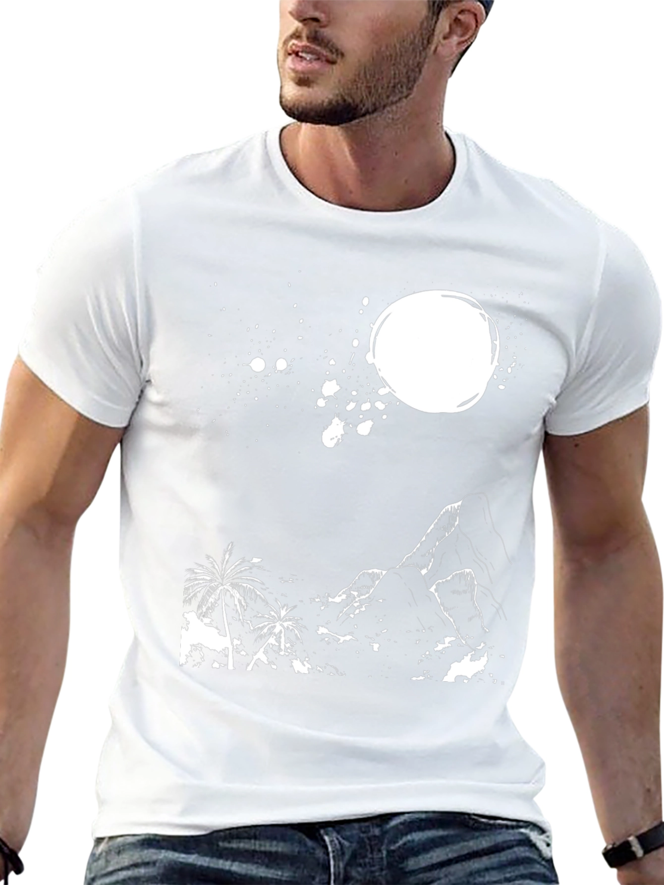 Tropical Mountain Graphic Tee - Black Cotton T-Shirt