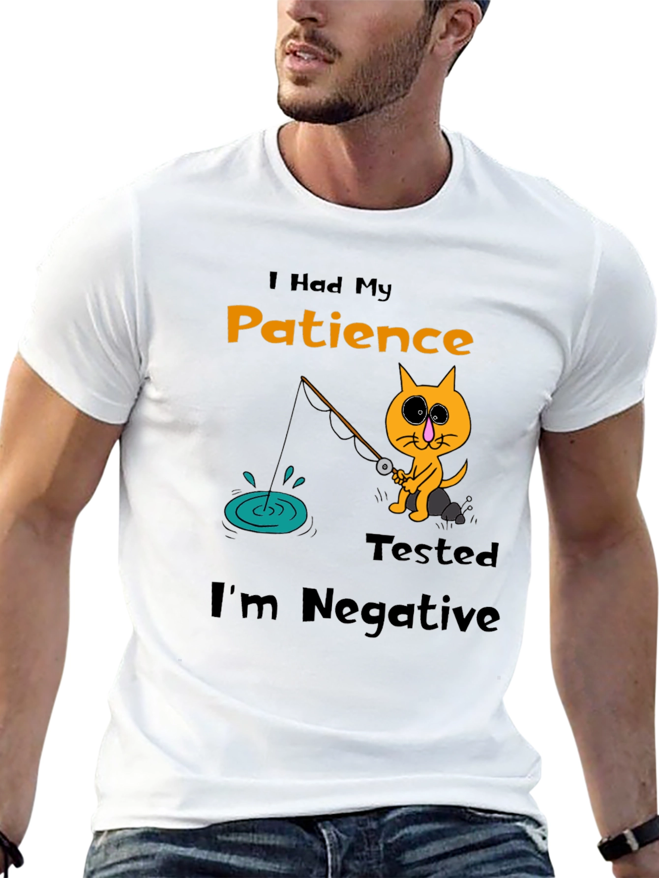 Humorous Cat Fishing T-Shirt - Patience Tested Negative