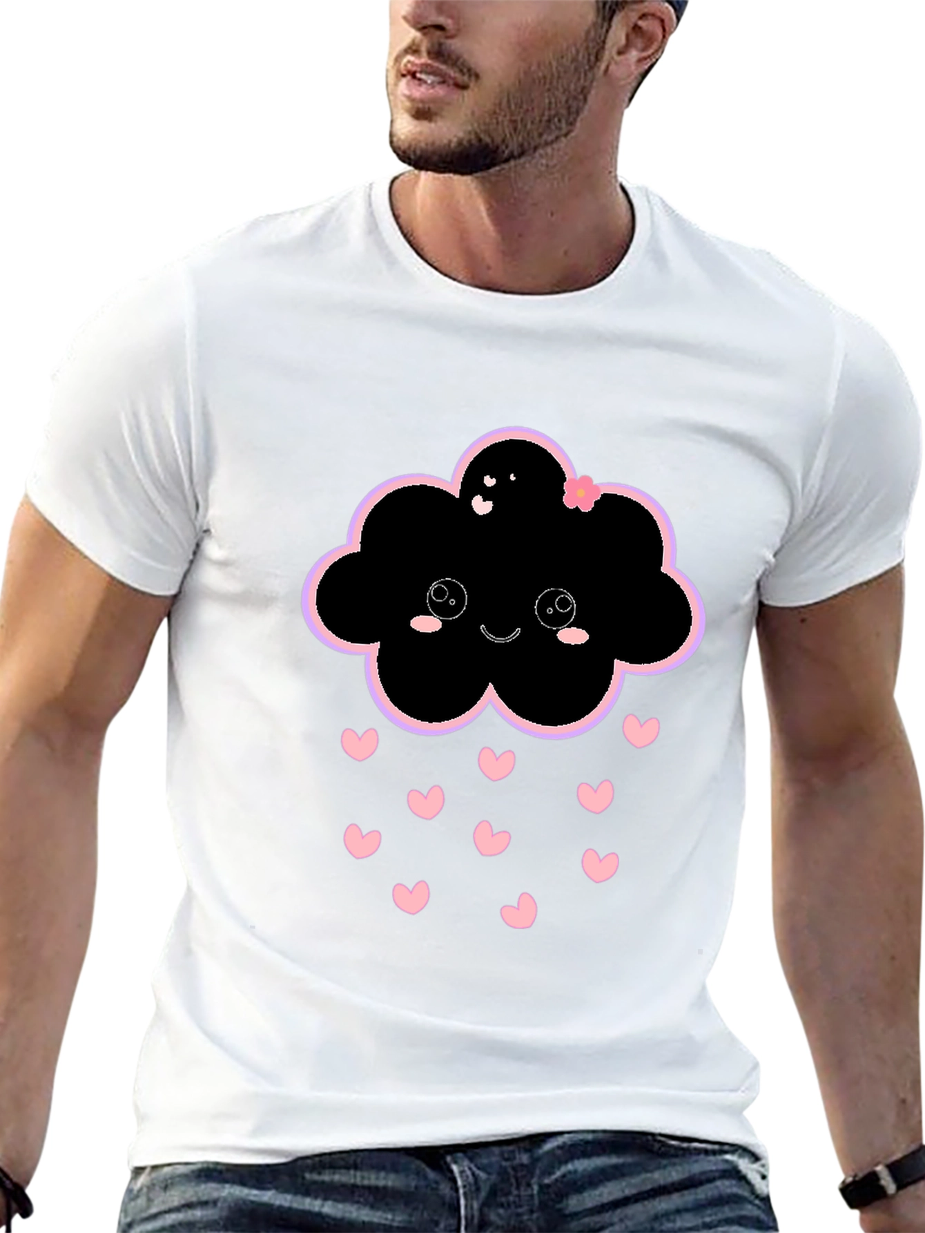 Kawaii Cloud Heart Rain Black T-Shirt