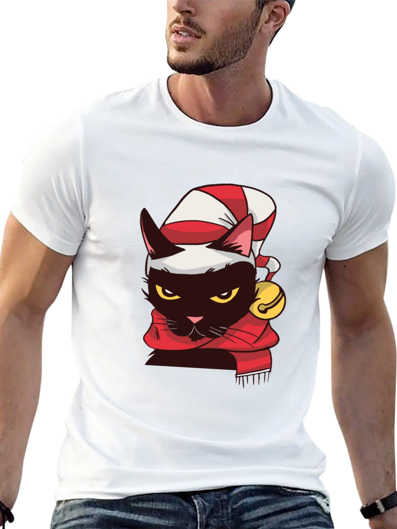 Festive Feline T-Shirt: Black Cat in Santa Hat