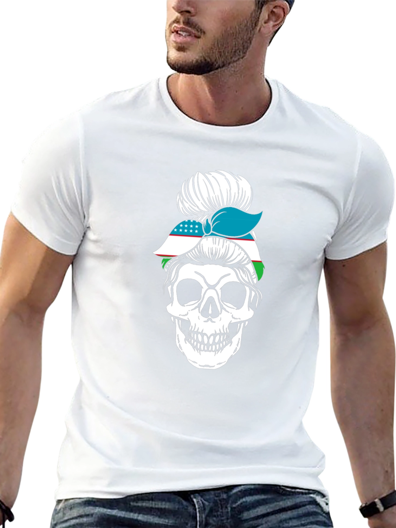 Skull Messy Bun Uzbekistan Flag T-Shirt