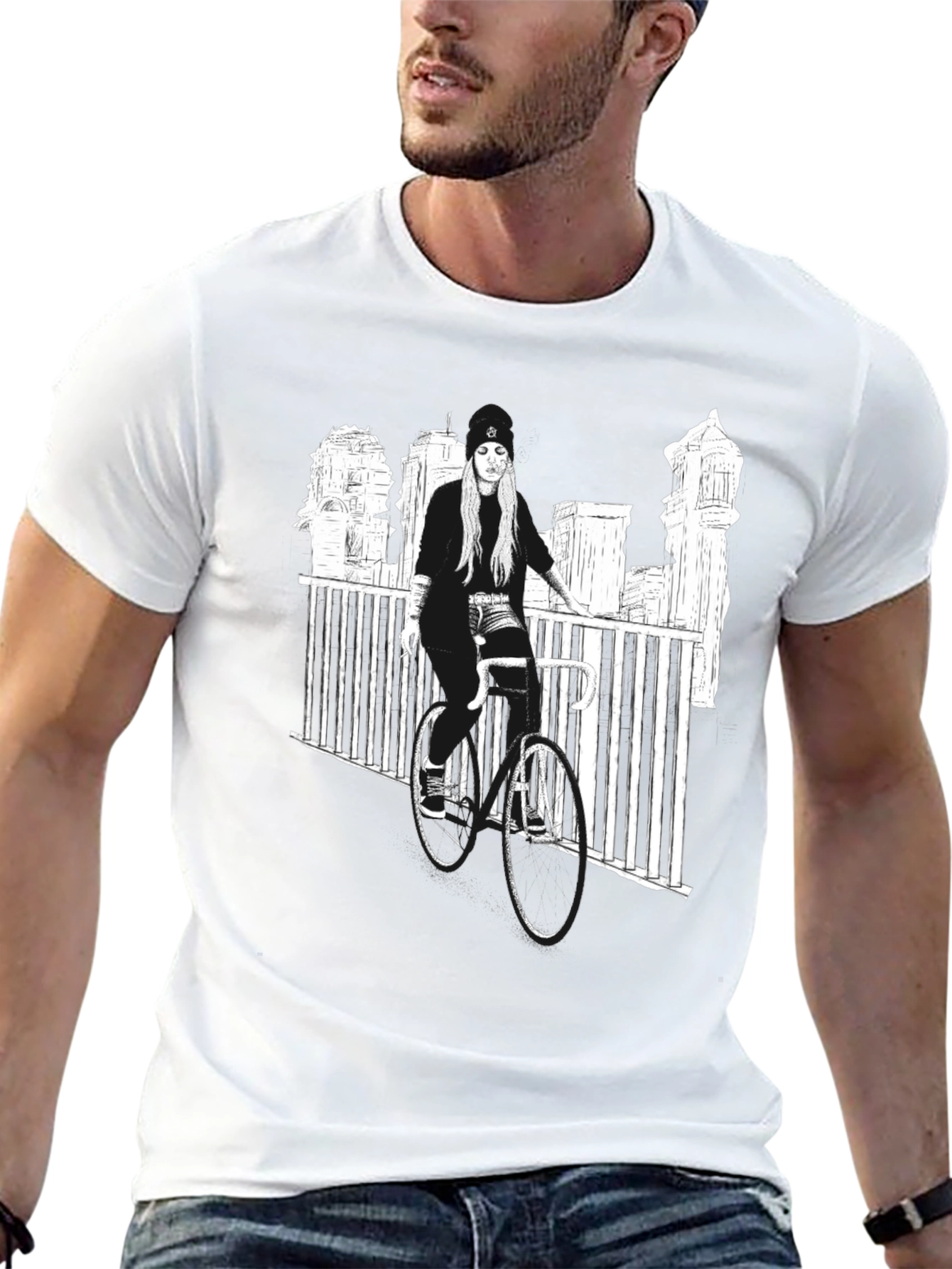 Black Graphic Tee - Woman on Bike Urban Design