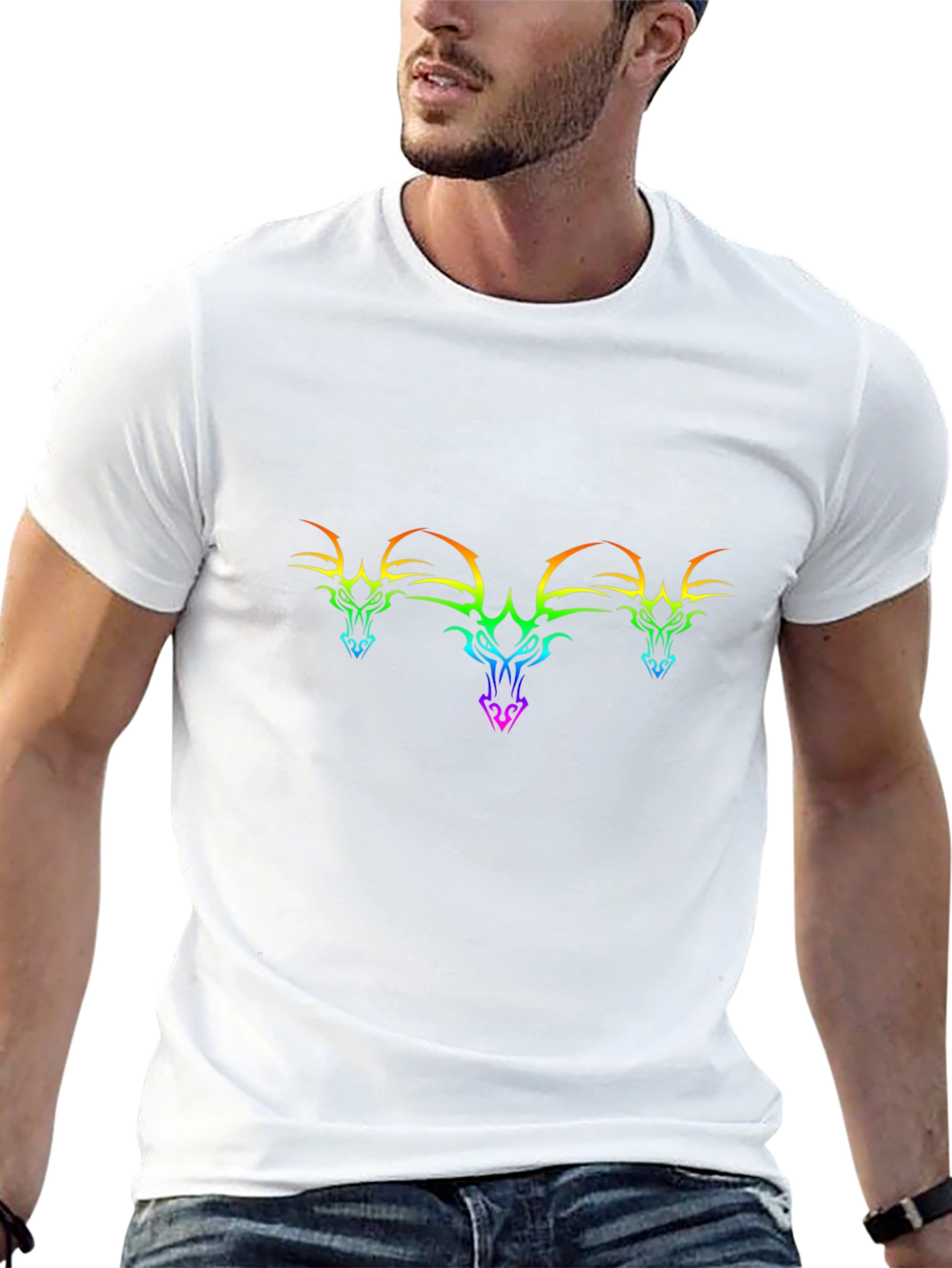 Rainbow Dragon Head Tee - Black Cotton Graphic T-Shirt