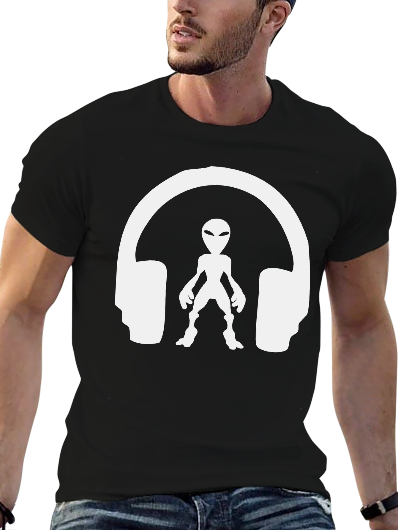 Alien DJ T-Shirt: Black Tee with White Graphic