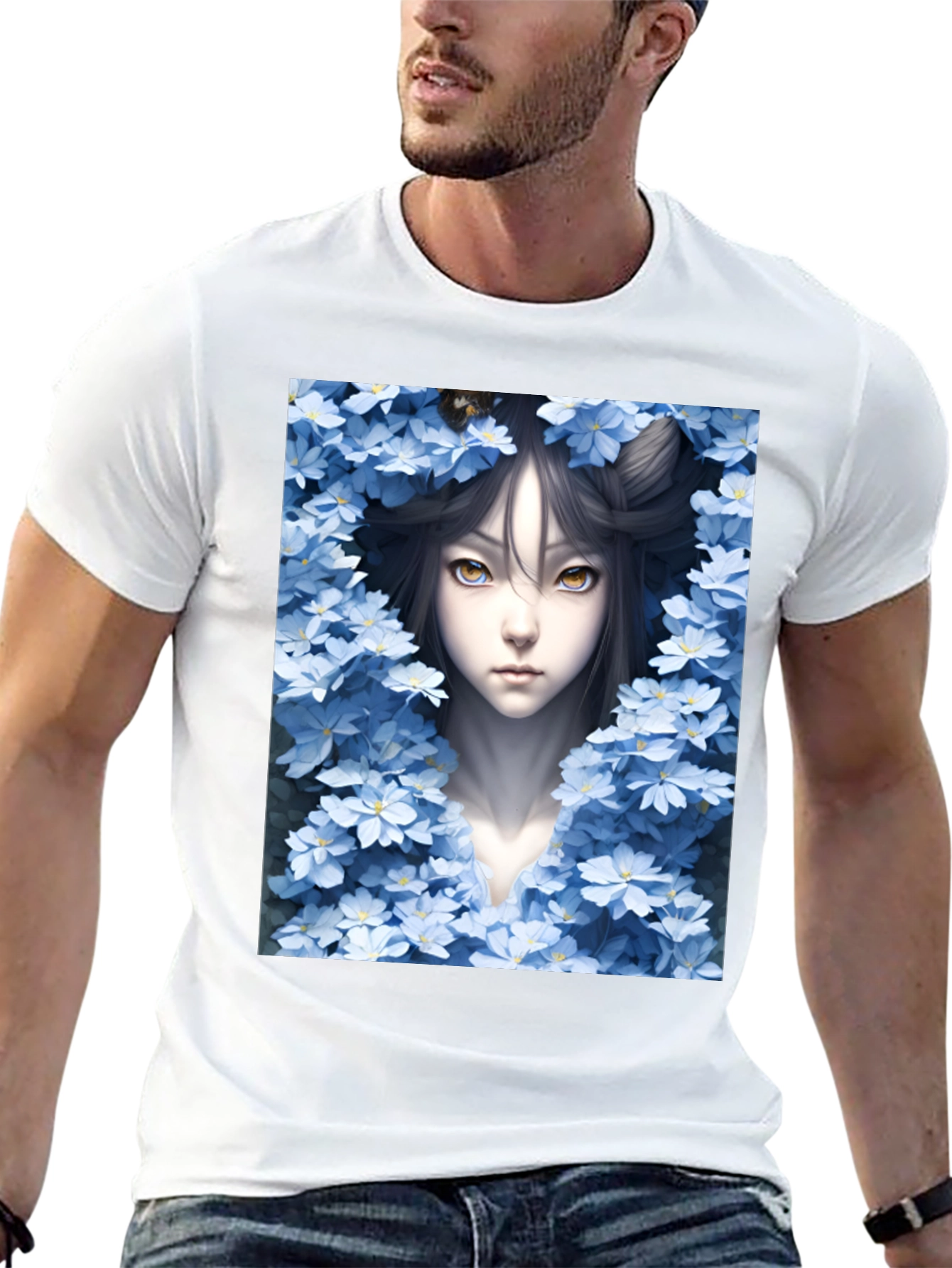 Anime Girl Surrounded by Flowers Black Tee