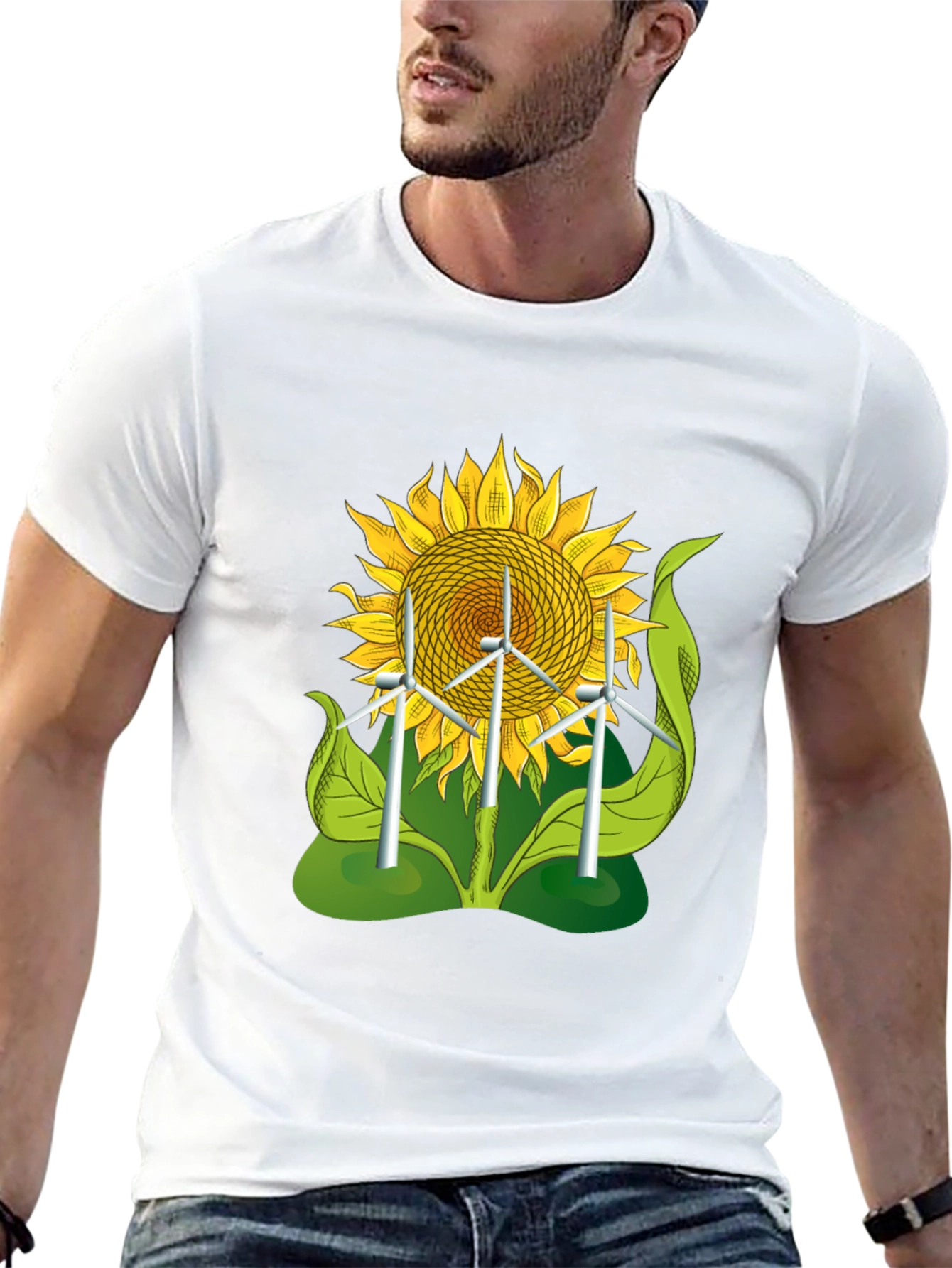 Sunflower & Wind Turbine Graphic Tee - Eco-Friendly Design