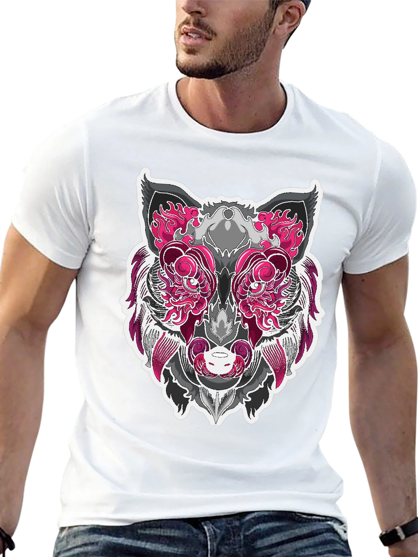 Graphic Wolf Tee - Pink & Gray Animal Print