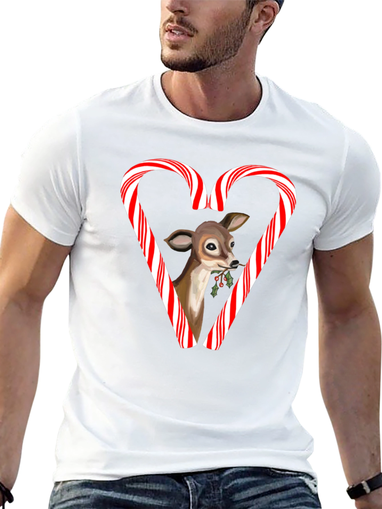 Holiday Deer Candy Cane Heart T-Shirt
