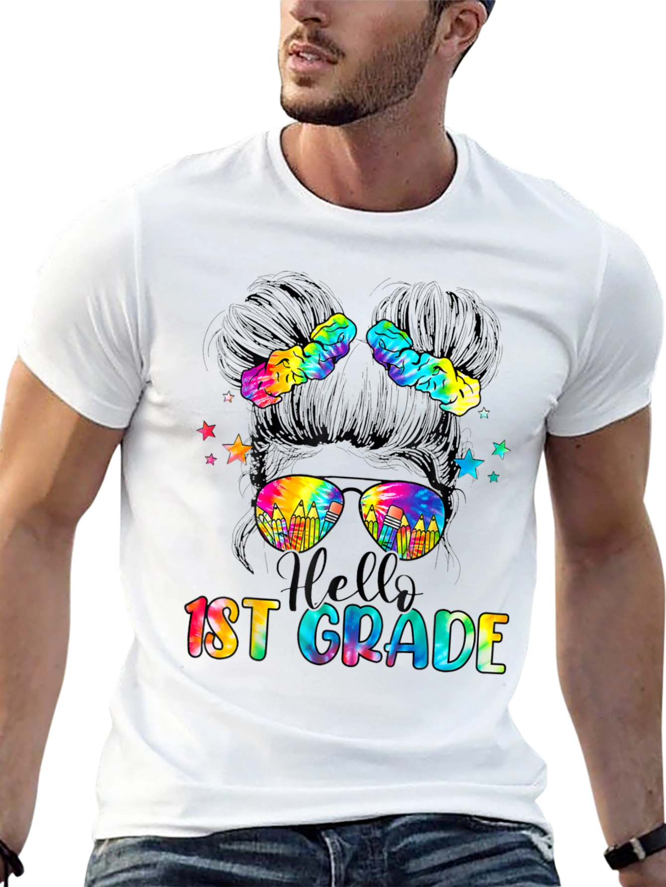 Hello 1st Grade Tie-Dye Messy Bun Teacher Shirt