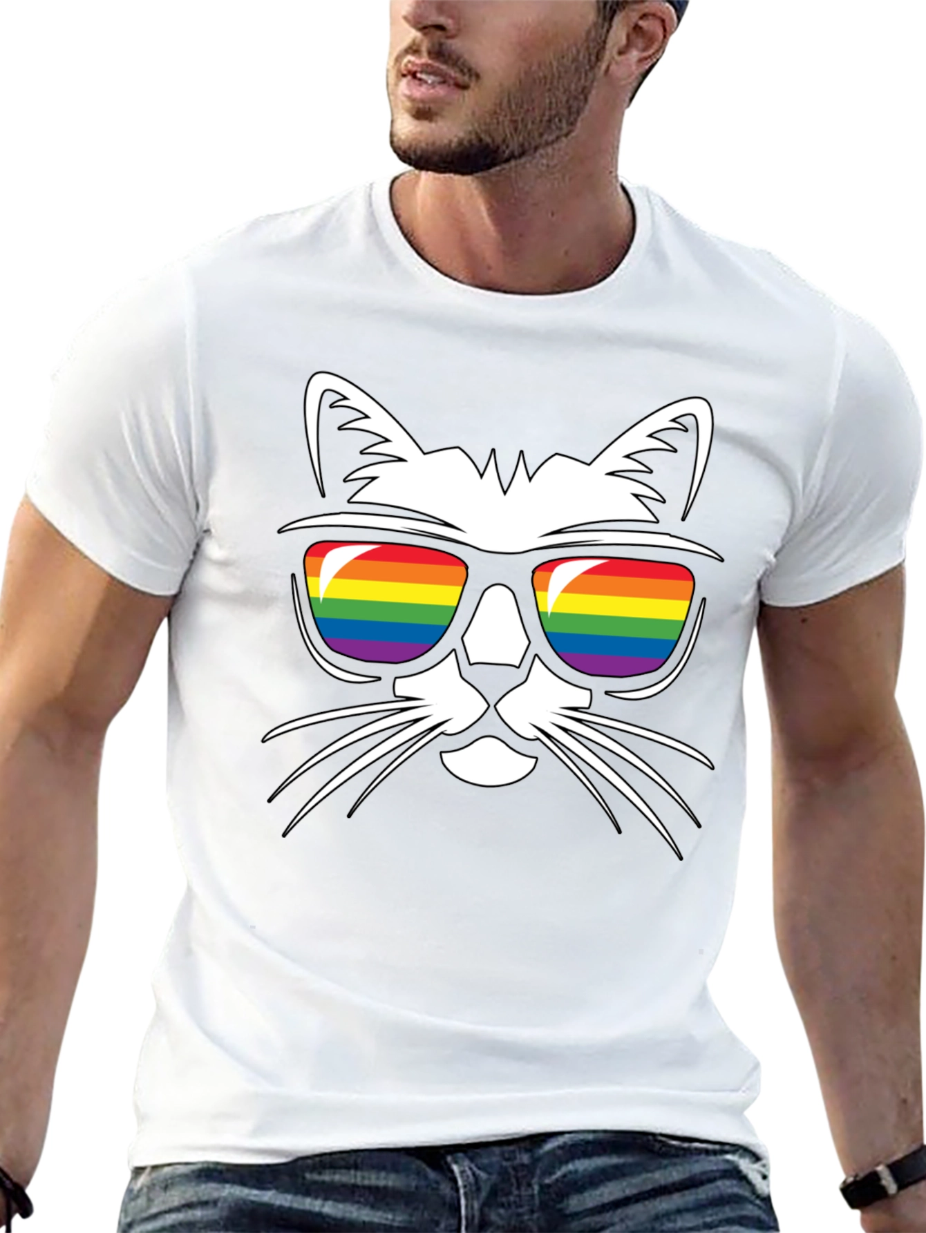 Cool Cat Rainbow Sunglasses Black T-Shirt