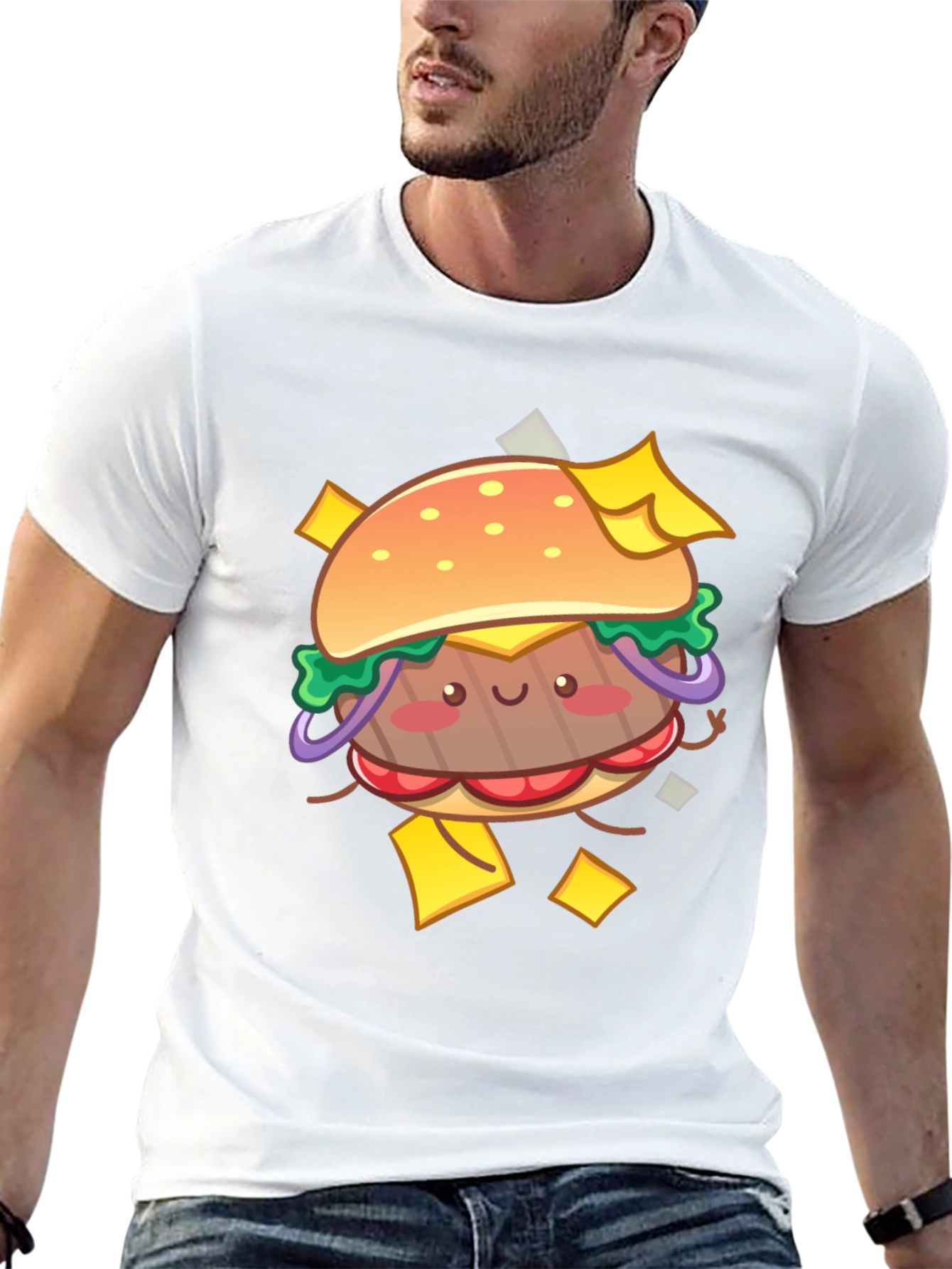 Kawaii Burger Graphic Tee - Black Cotton T-Shirt