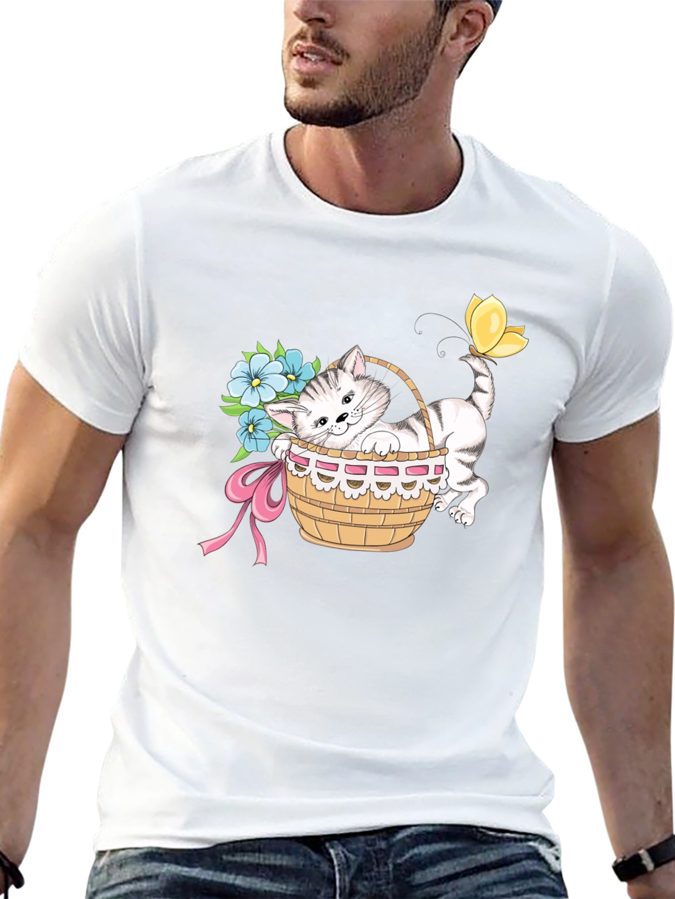 Cute Kitten in Basket T-Shirt - Unisex Black Tee