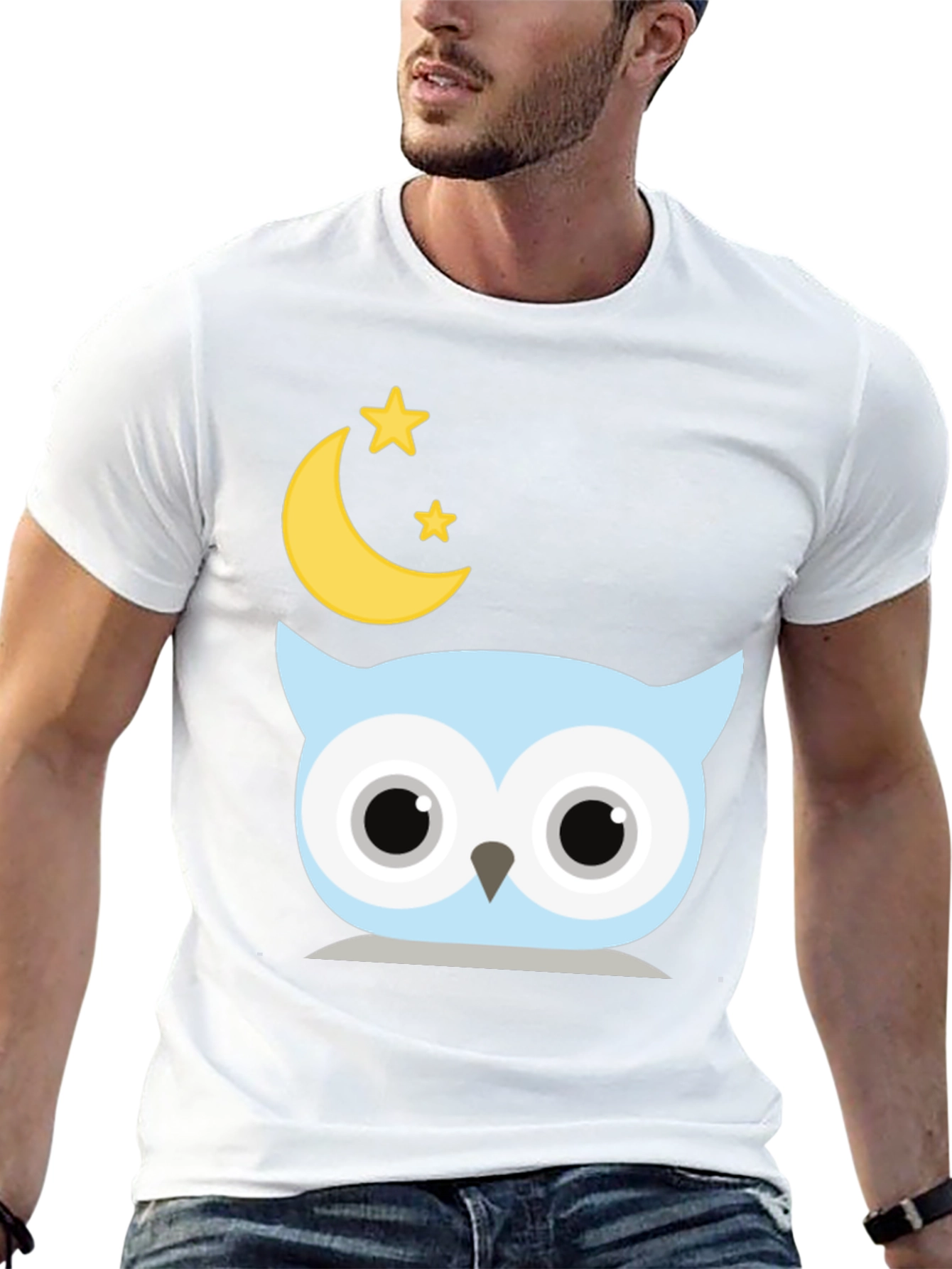 Cute Owl Moon Stars Graphic Black T-Shirt