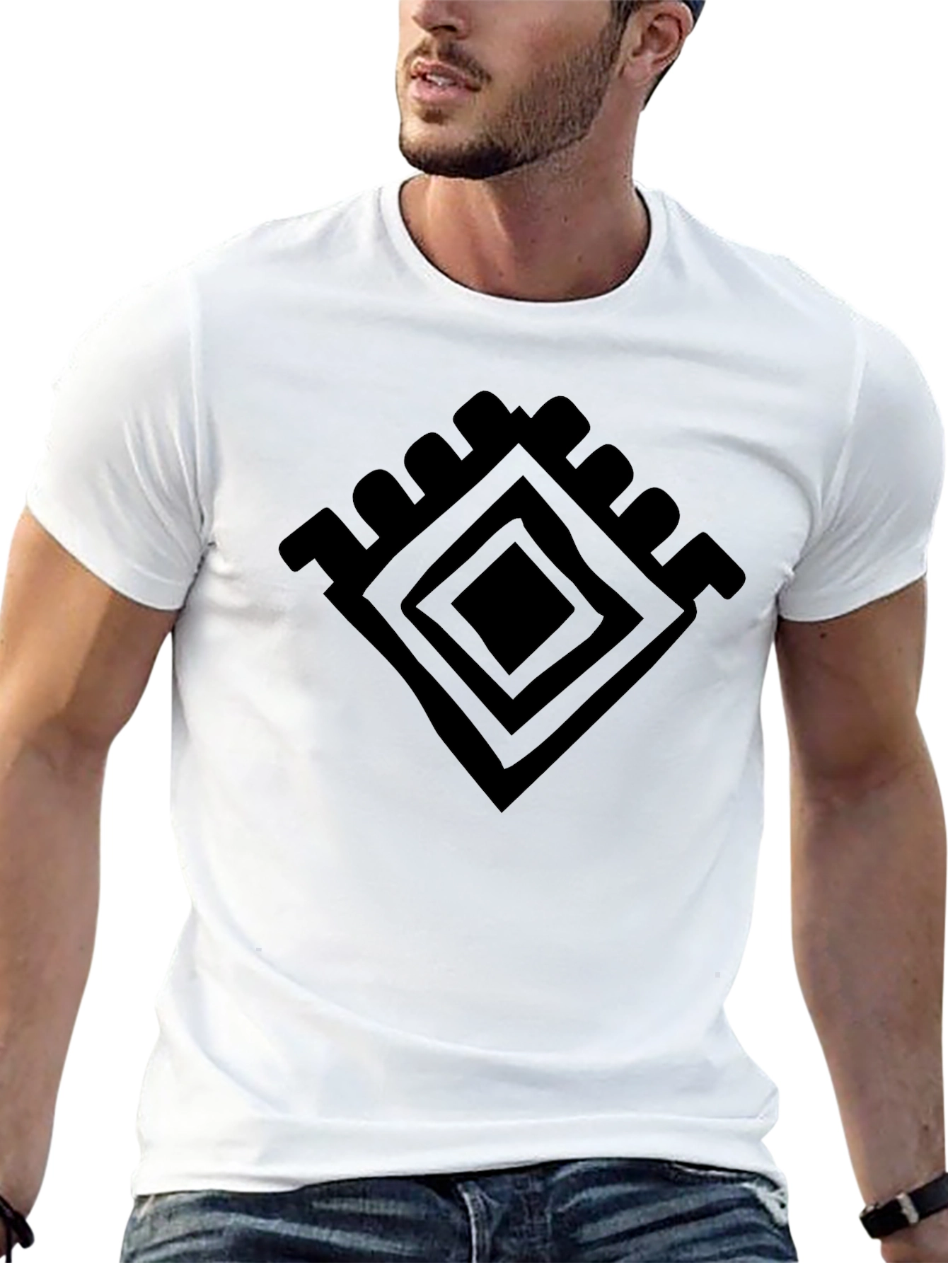 Graphic Tee: Geometric Diamond Design - Black Cotton Shirt