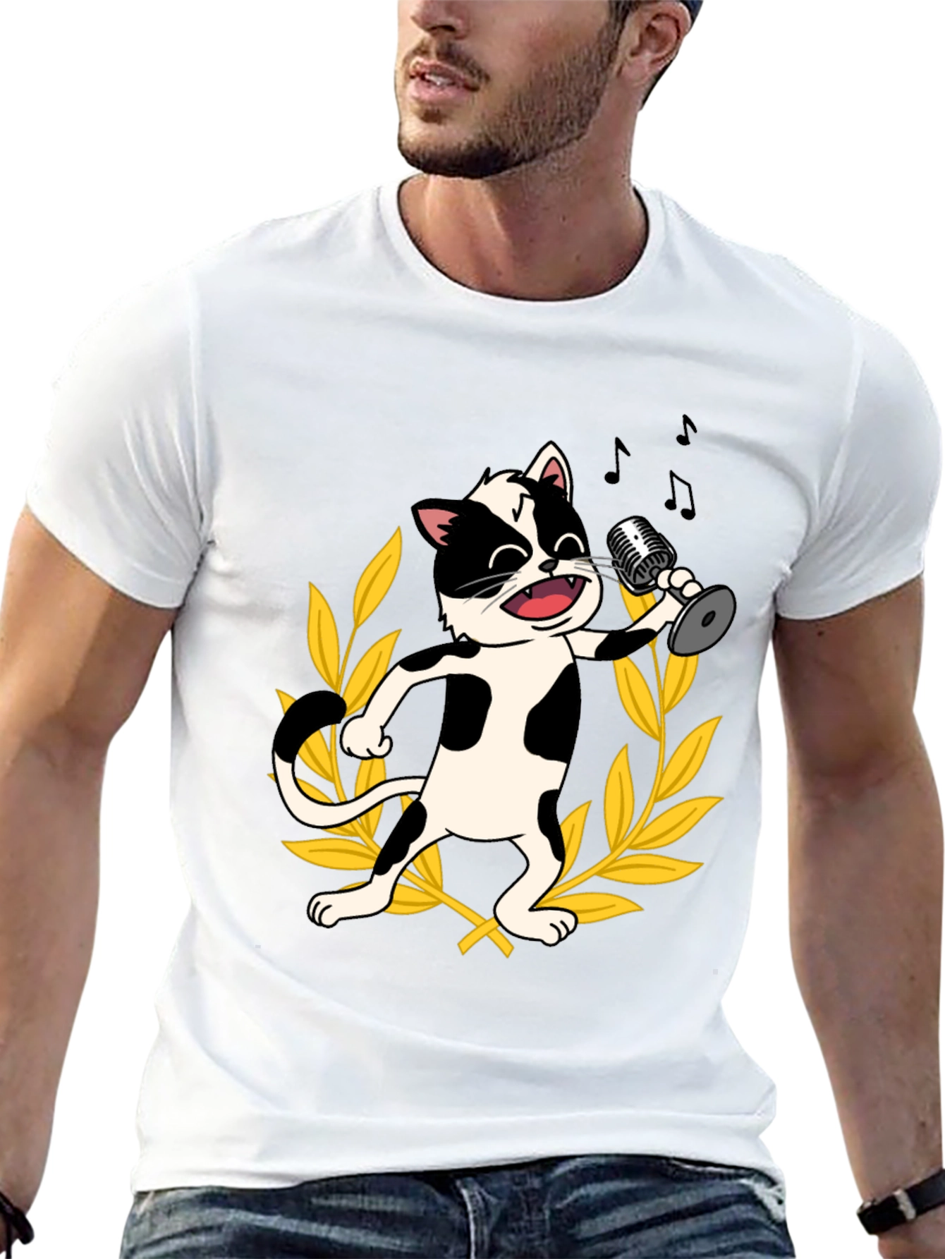 Singing Cat Graphic Tee - Black Cotton T-Shirt