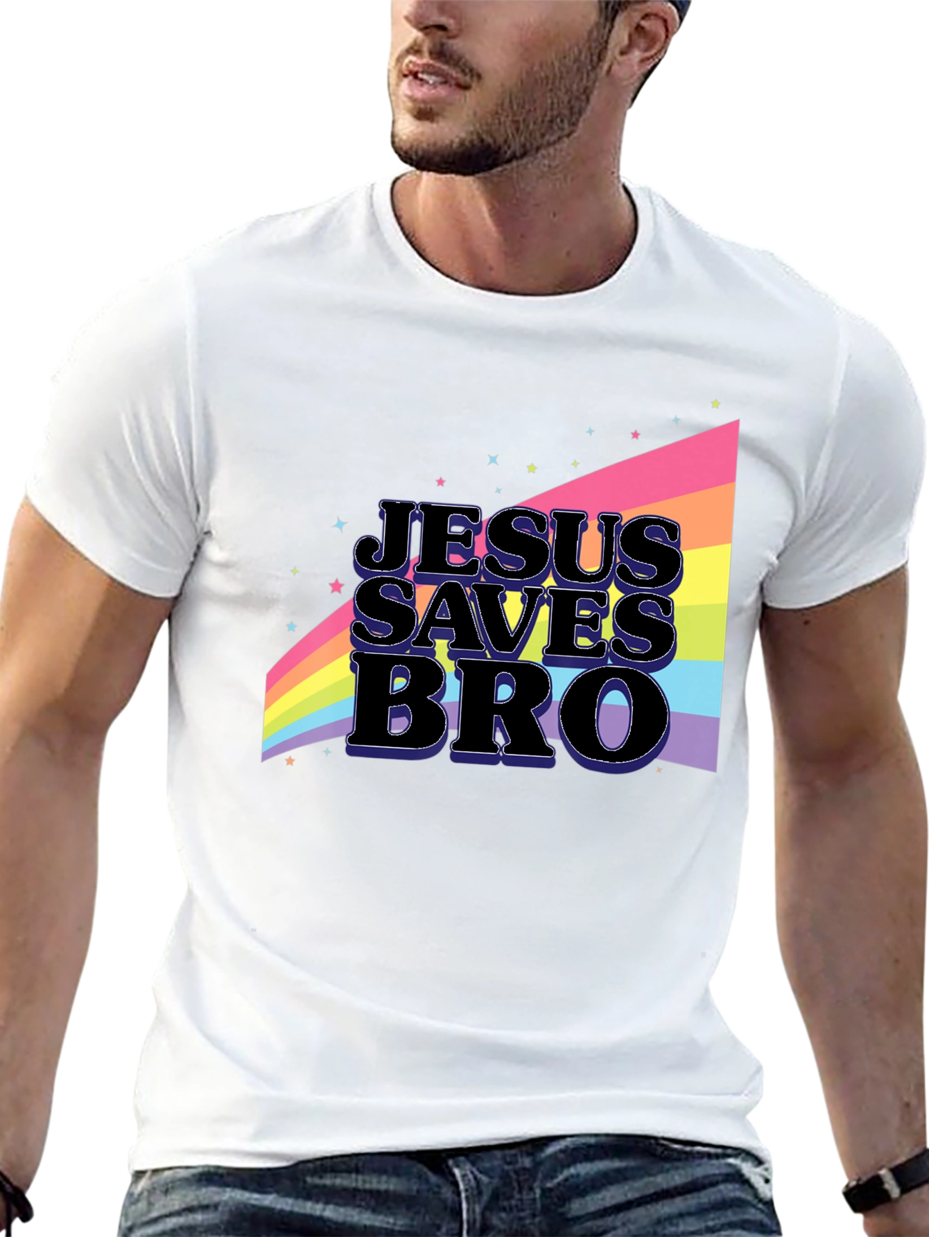 Jesus Saves Bro Rainbow Graphic T-Shirt