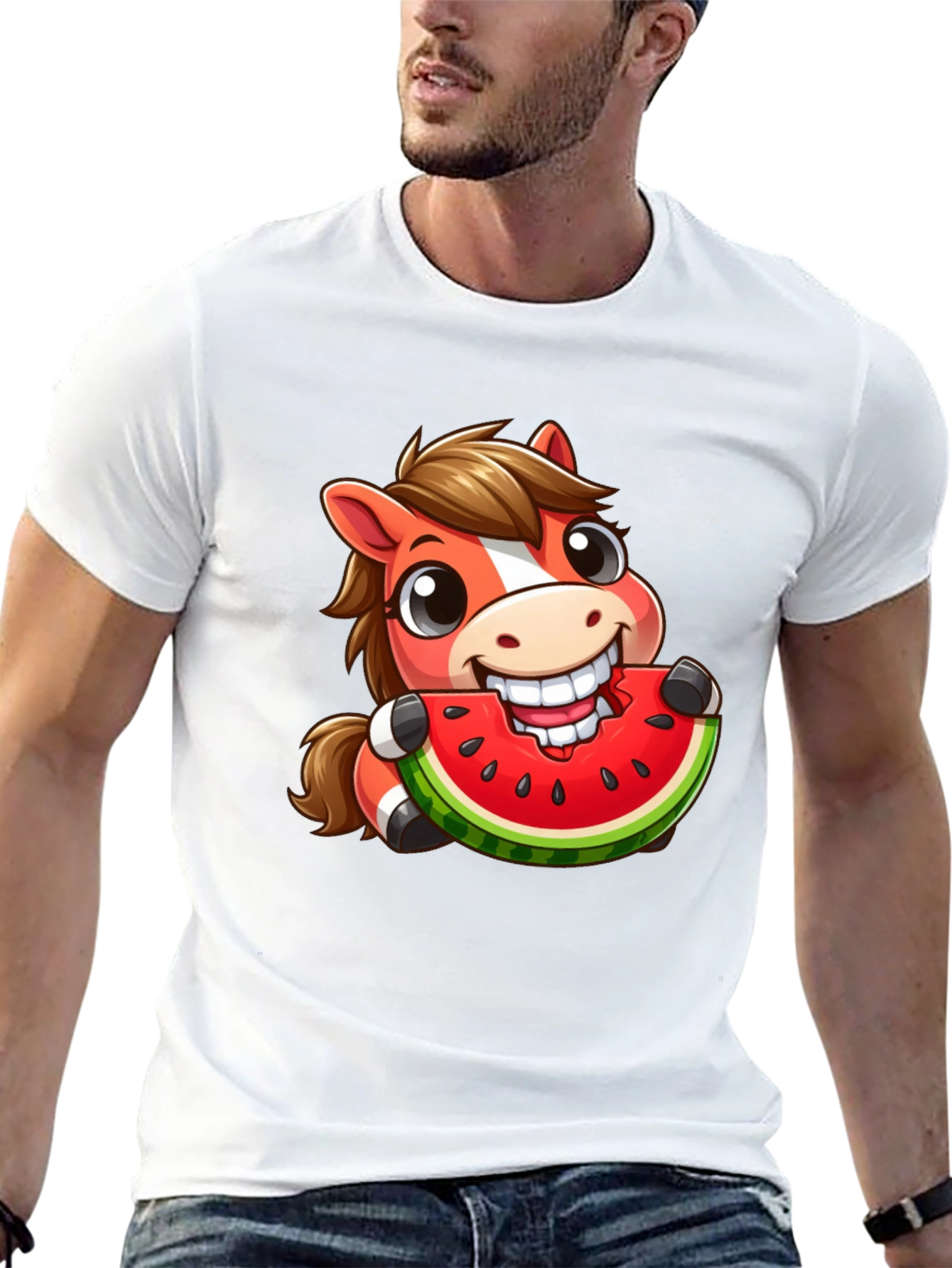 Cartoon Horse Eating Watermelon Graphic Tee