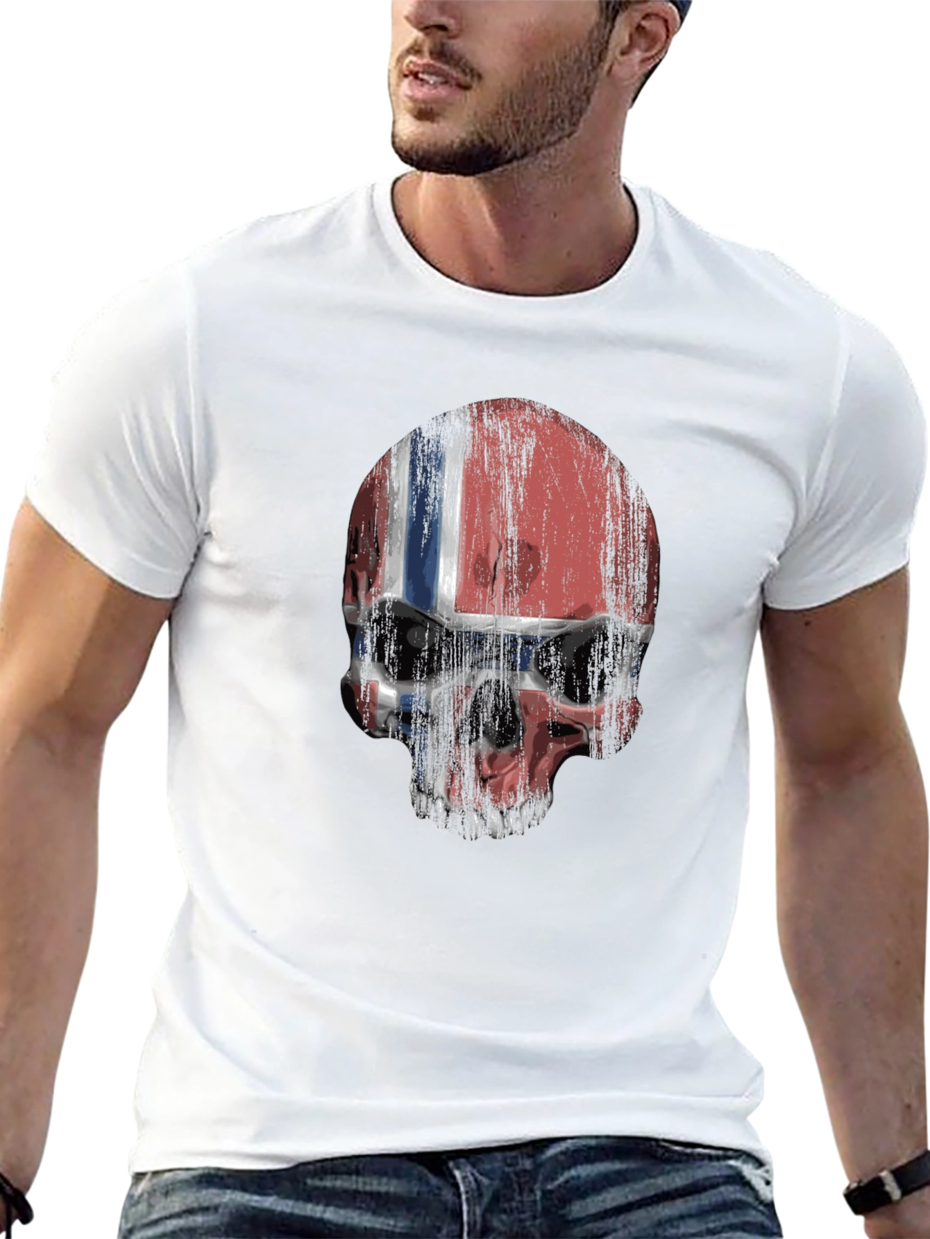 Norway Flag Skull Graphic Print Black T-Shirt
