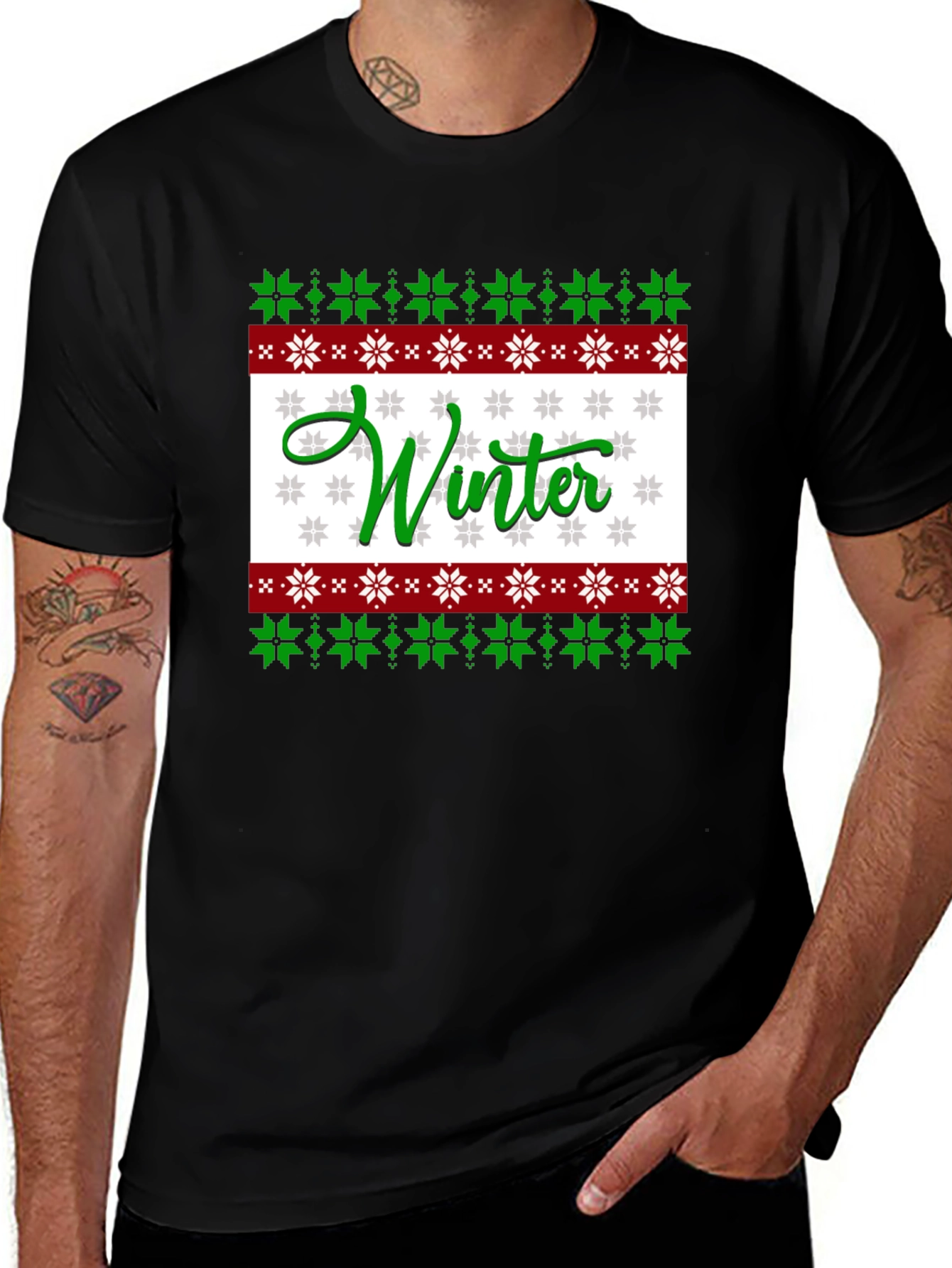 Winter Holiday Sweater Print Tee - Black