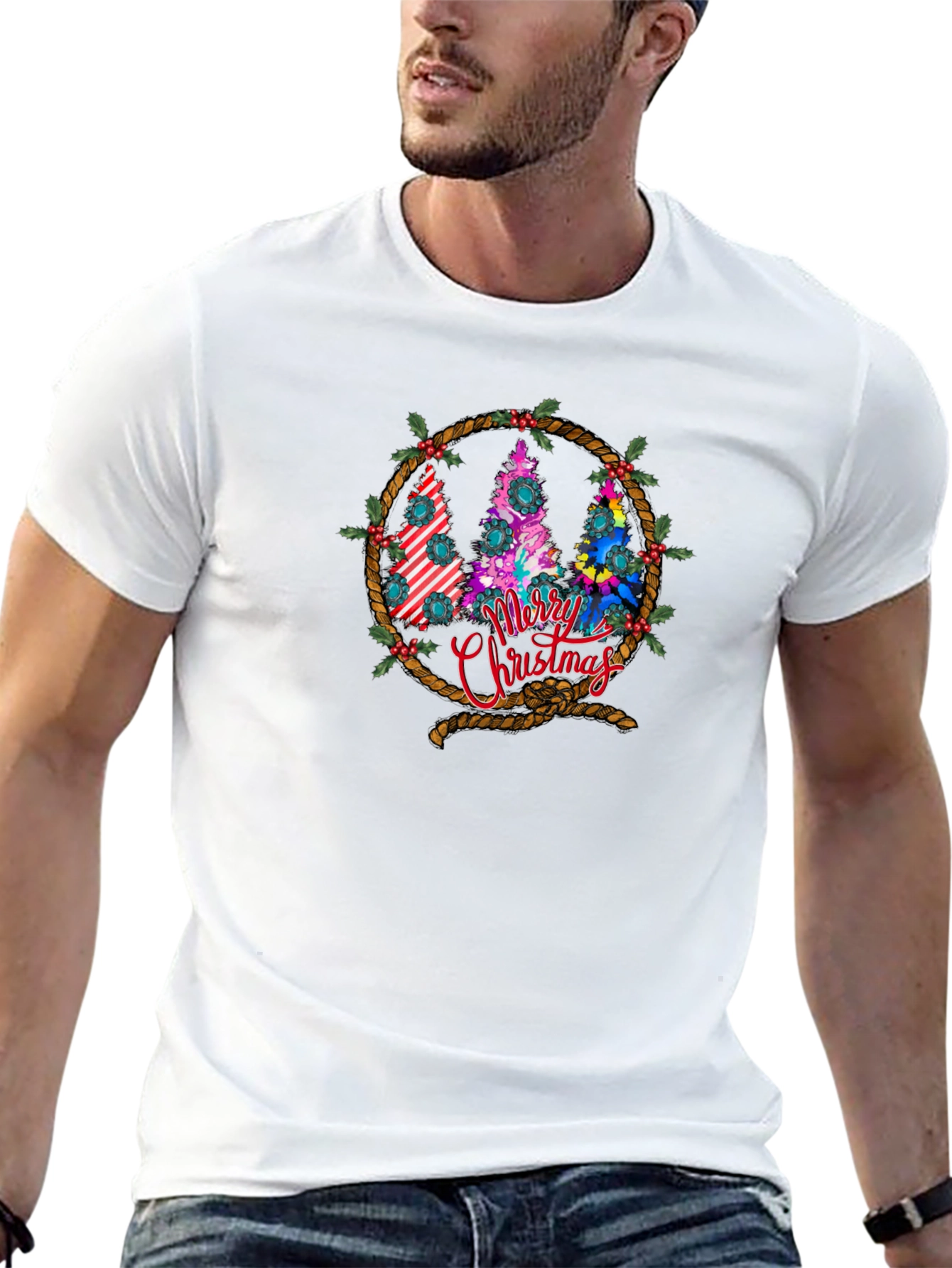 Merry Christmas Tree Wreath Graphic T-Shirt